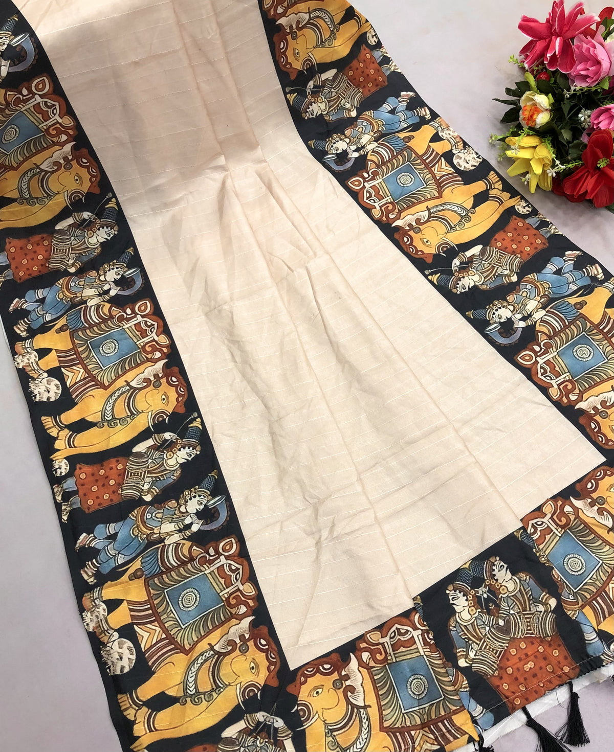 New Festive wear Handloom Tussar Silk Kalamkari Print With Tussle Work Fancy Designer Saree With Blouse