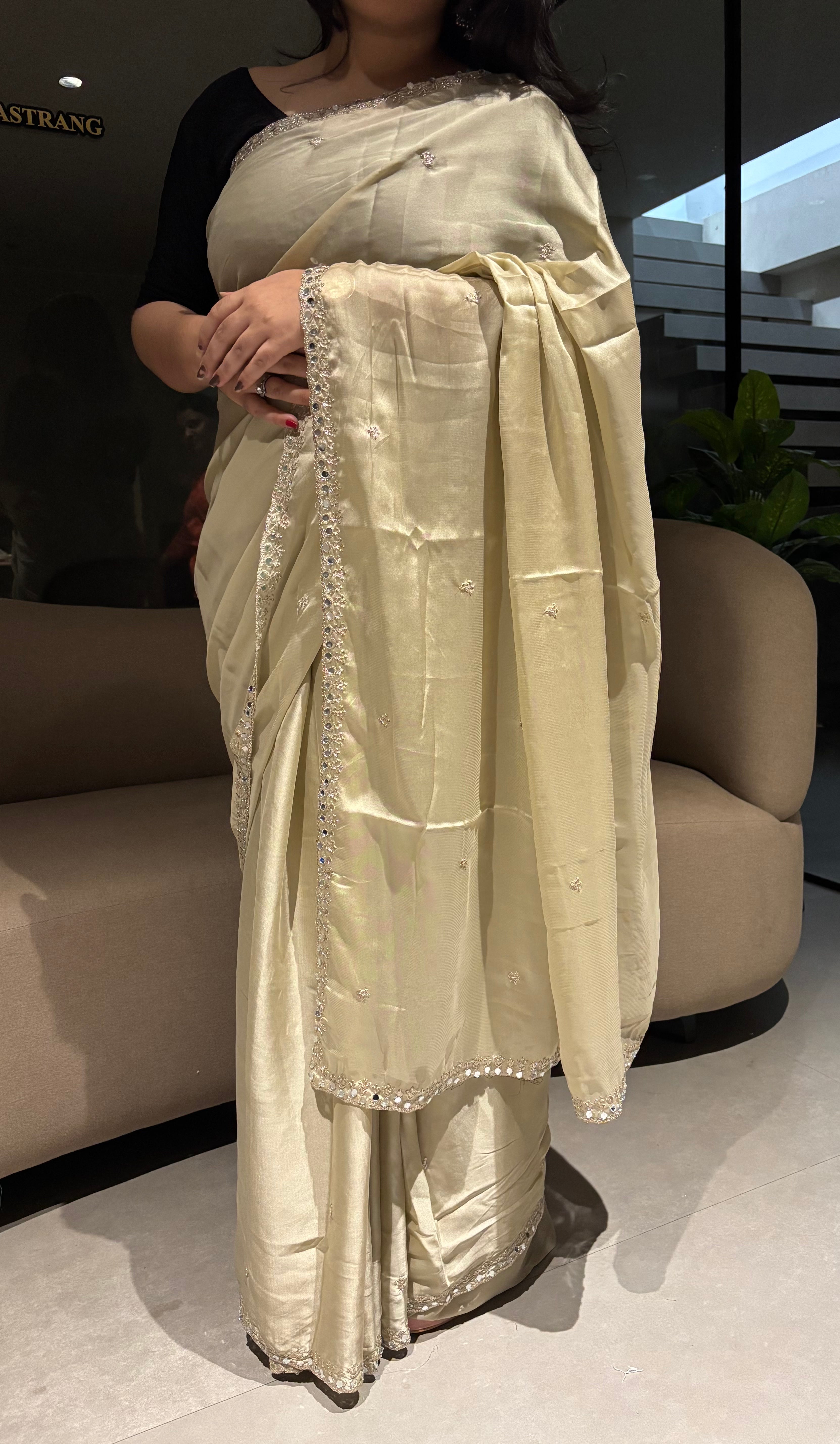 Adorning Party Wear Rangoli Silk Embriodery n Mirror Work Border Designer Saree With Unstitched Blouse