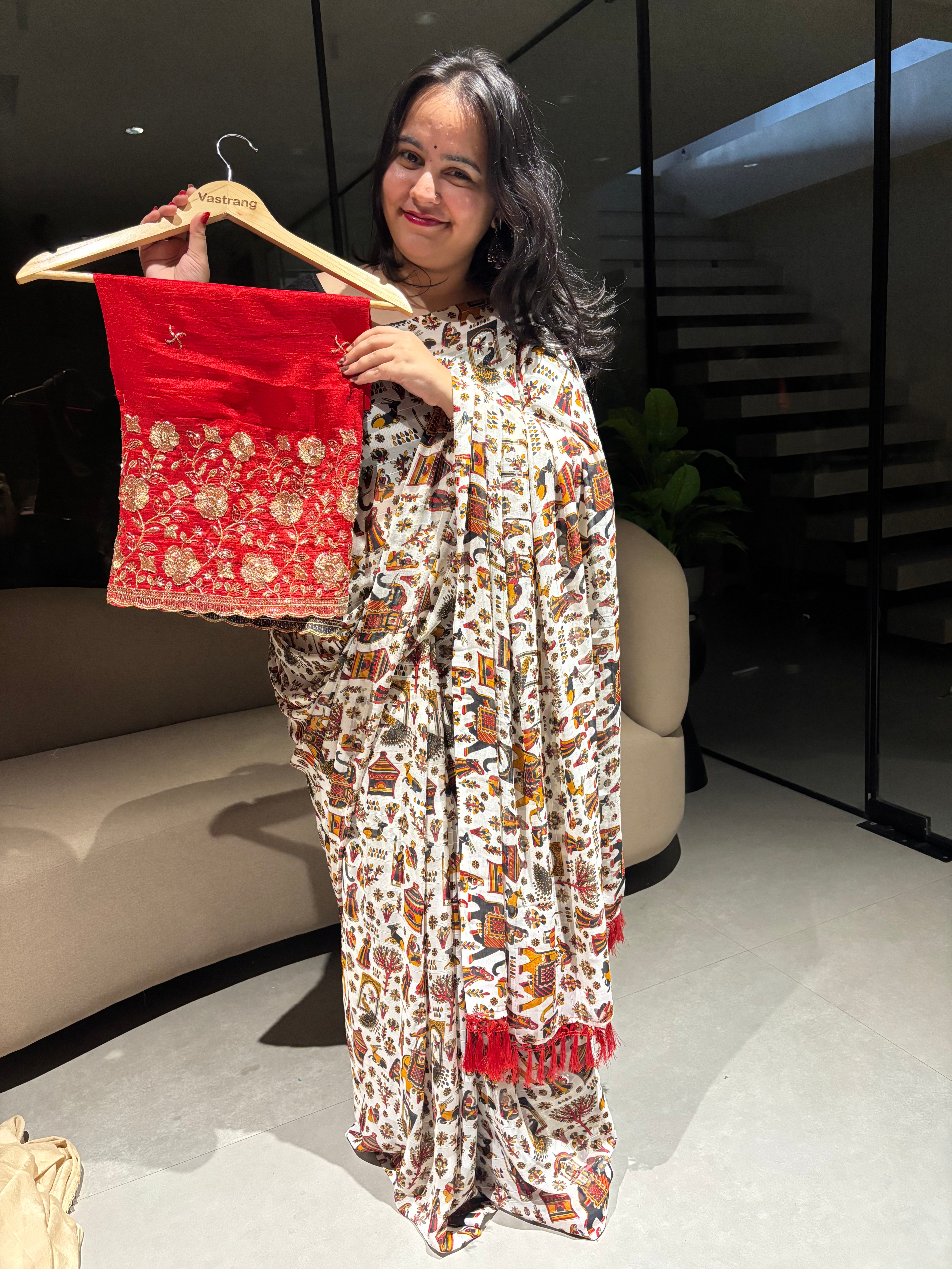 Desiring Function Wear Georgette Kalamkari Print n Beads Work Designer Saree With Contrast Blouse Piece