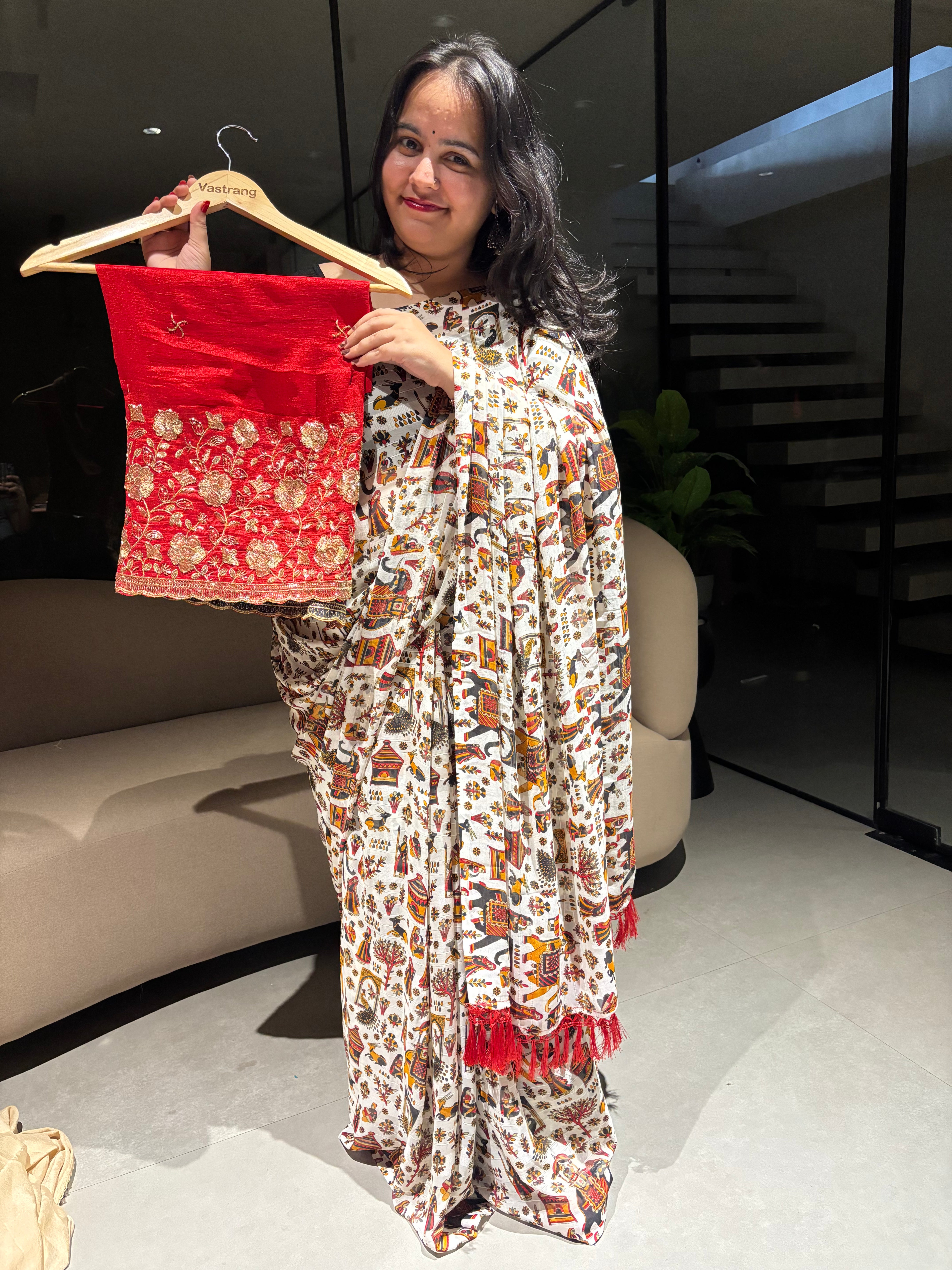 Desiring Function Wear Georgette Kalamkari Print n Beads Work Designer Saree With Contrast Blouse Piece