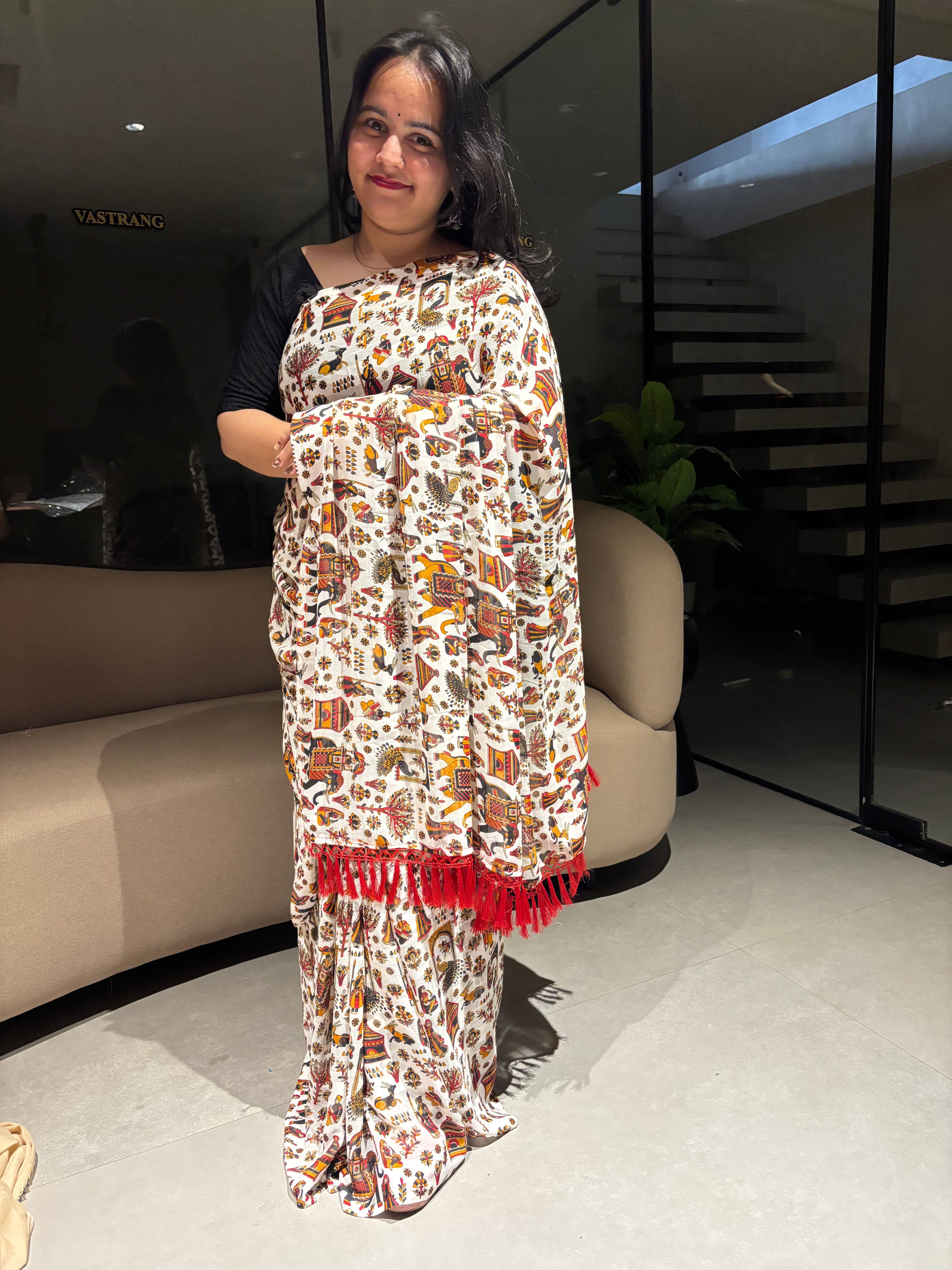 Desiring Function Wear Georgette Kalamkari Print n Beads Work Designer Saree With Contrast Blouse Piece