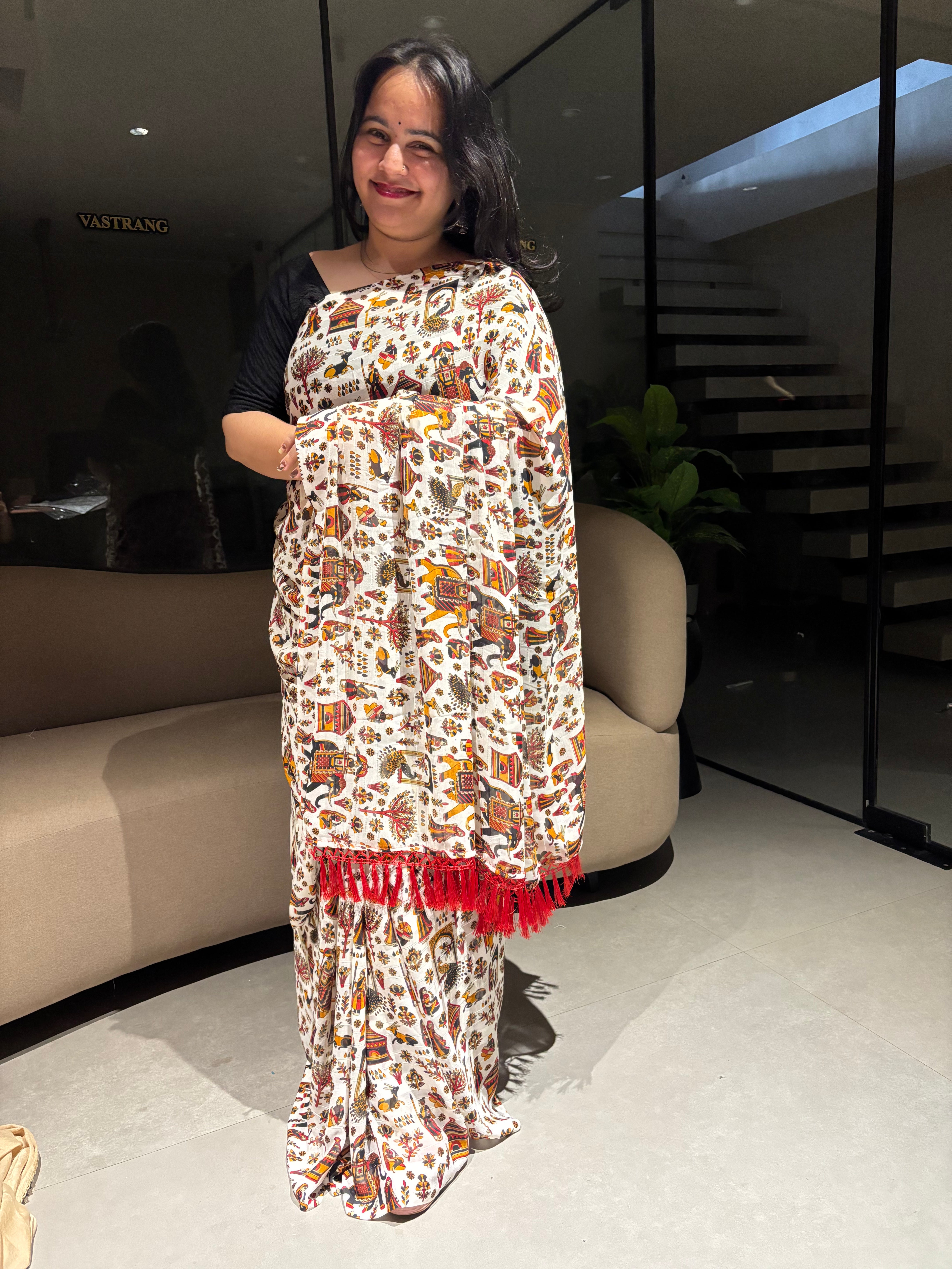 Desiring Function Wear Georgette Kalamkari Print n Beads Work Designer Saree With Contrast Blouse Piece