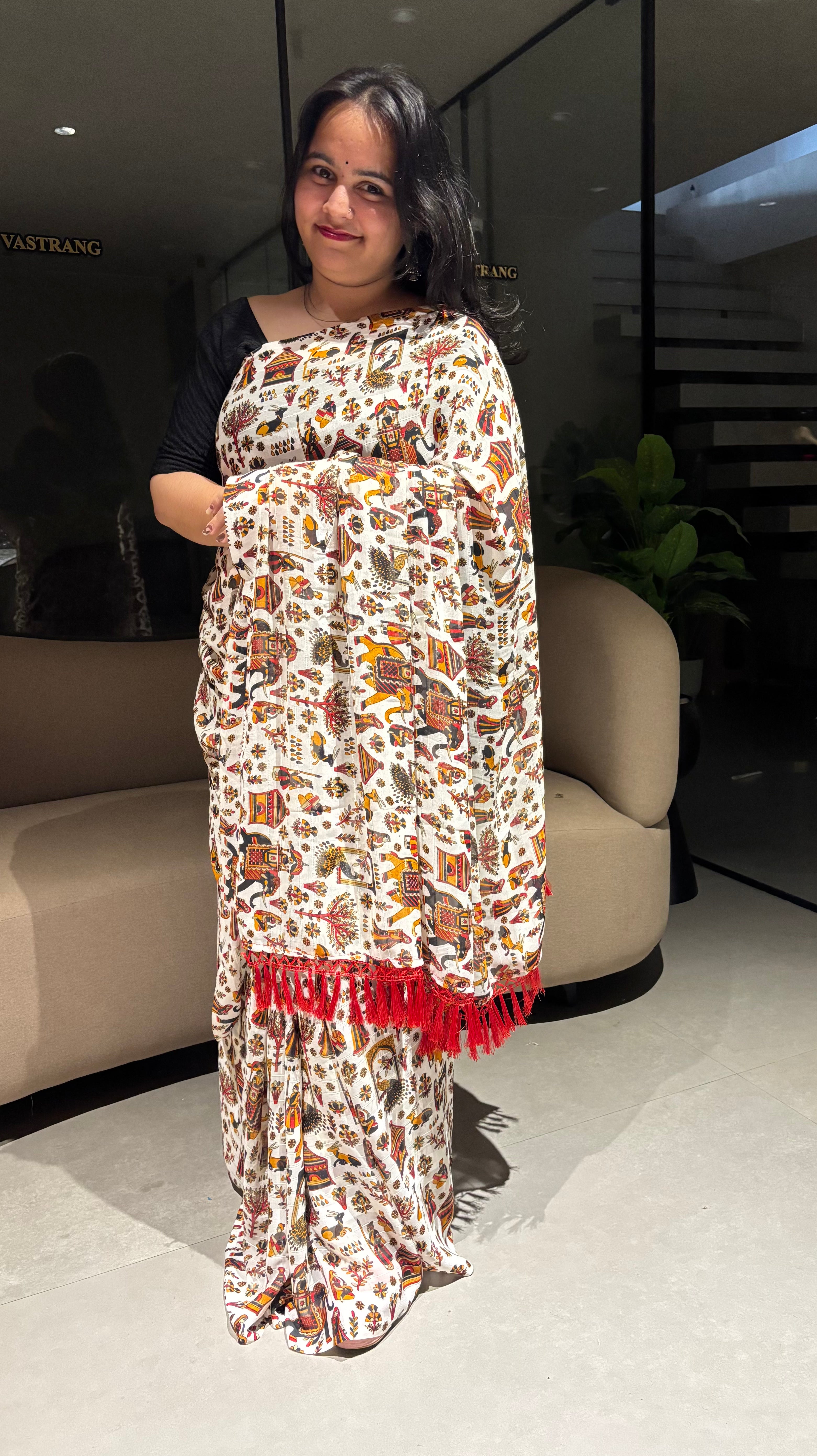 Desiring Function Wear Georgette Kalamkari Print n Beads Work Designer Saree With Contrast Blouse Piece
