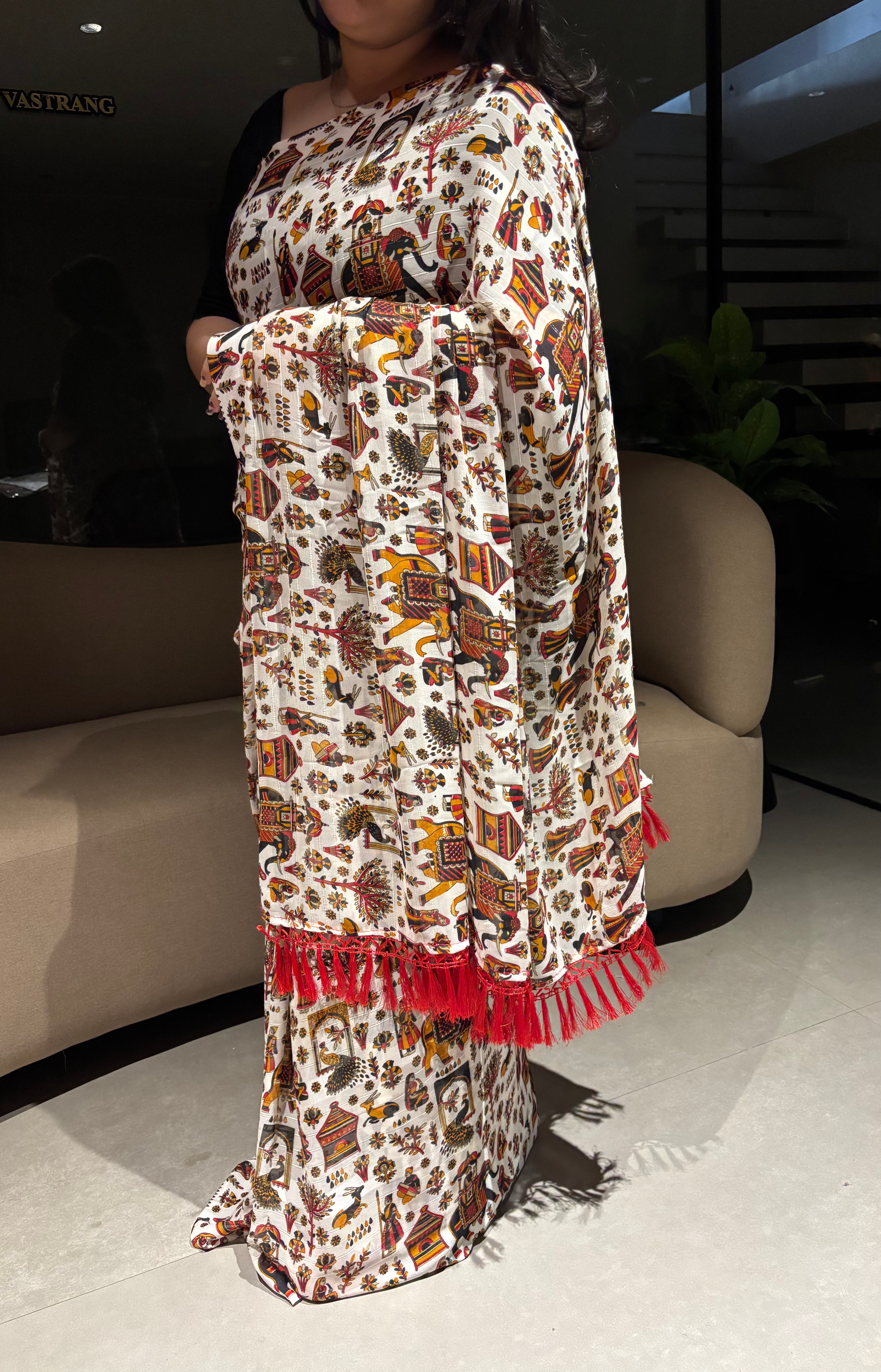 Desiring Function Wear Georgette Kalamkari Print n Beads Work Designer Saree With Contrast Blouse Piece