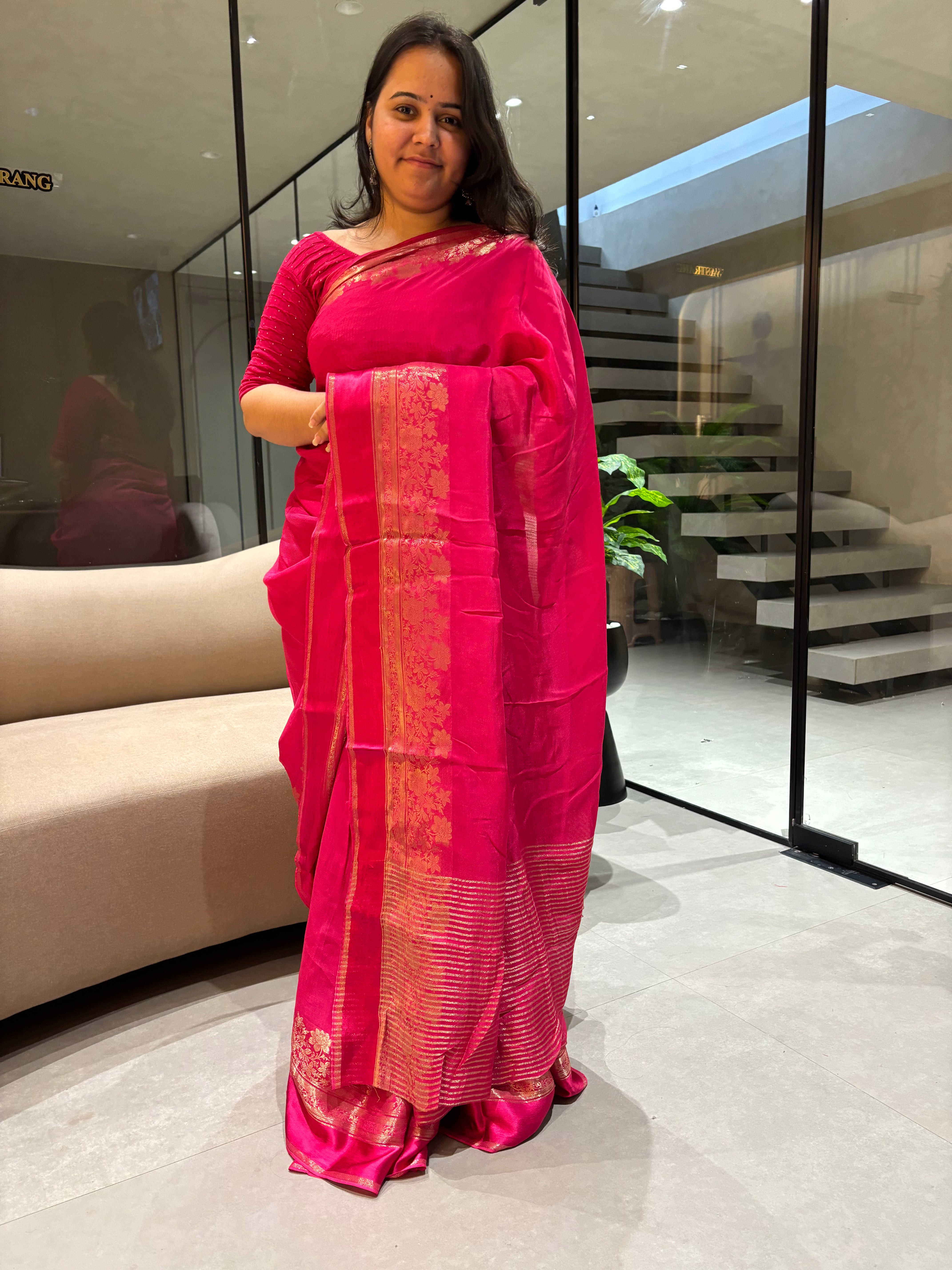 Fantabulous Party Wear Viscose Silk Satin Border Zari Design Fancy Saree With Blouse Piece