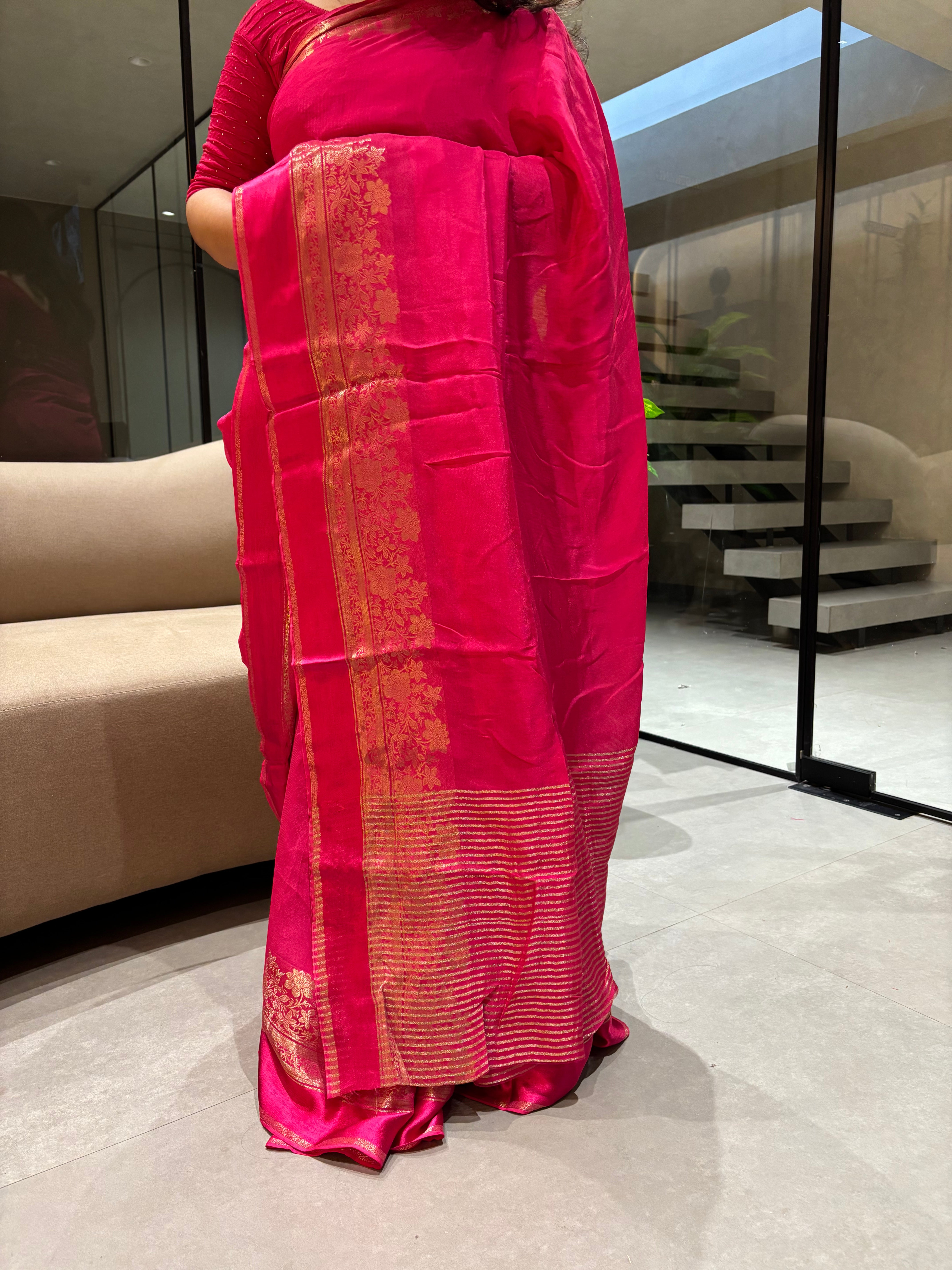 Fantabulous Party Wear Viscose Silk Satin Border Zari Design Fancy Saree With Blouse Piece