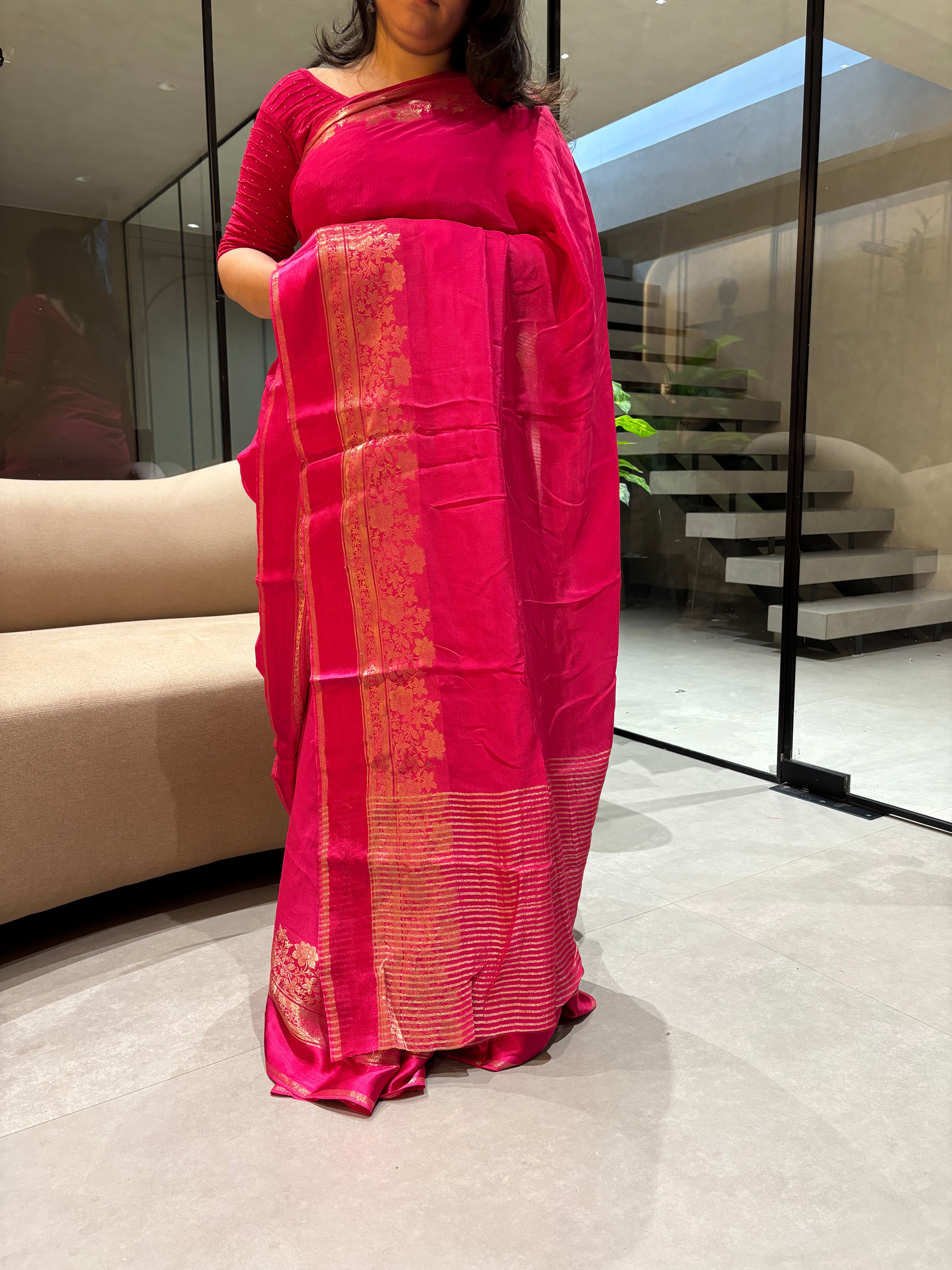 Fantabulous Party Wear Viscose Silk Satin Border Zari Design Fancy Saree With Blouse Piece