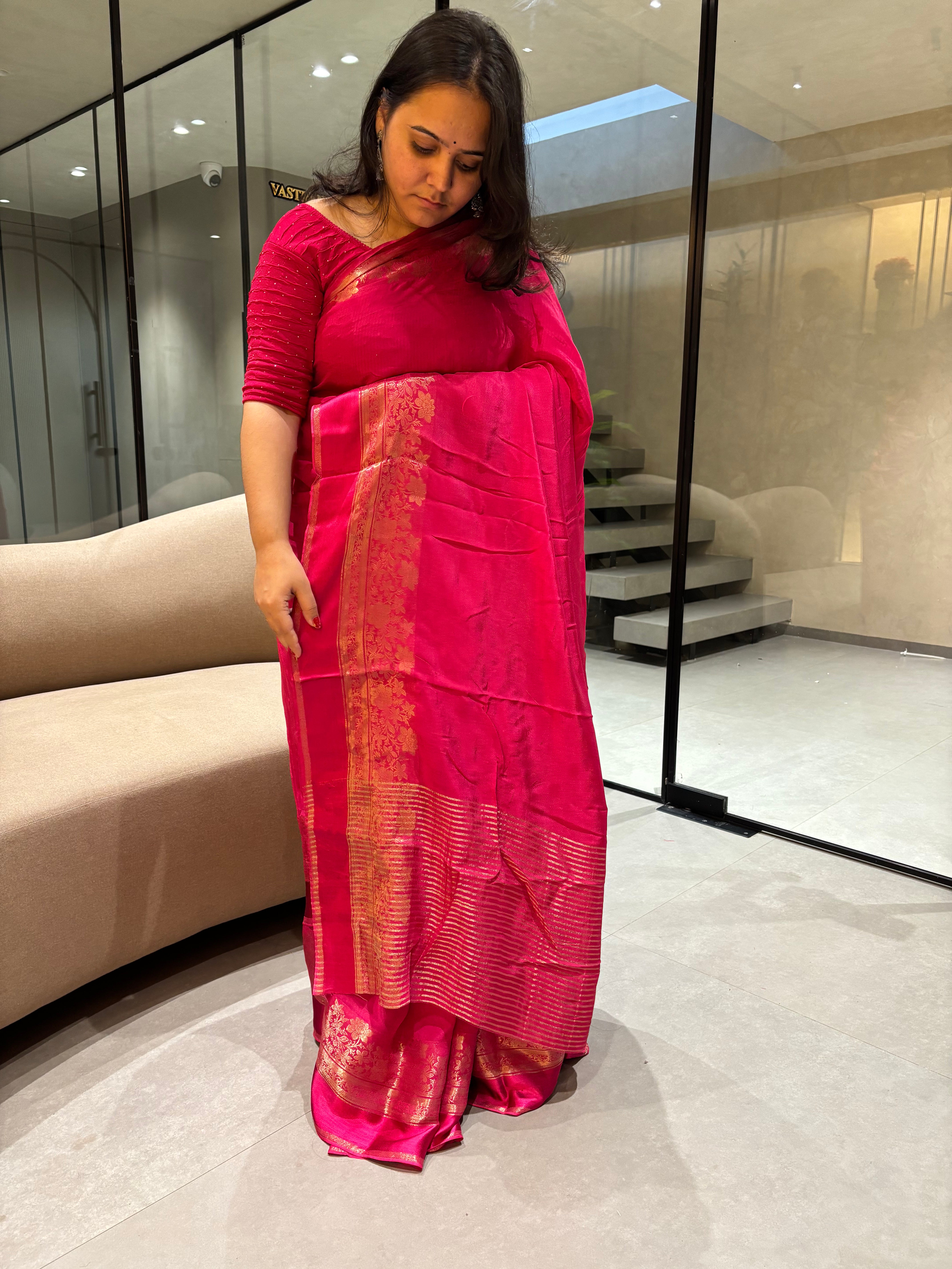 Fantabulous Party Wear Viscose Silk Satin Border Zari Design Fancy Saree With Blouse Piece