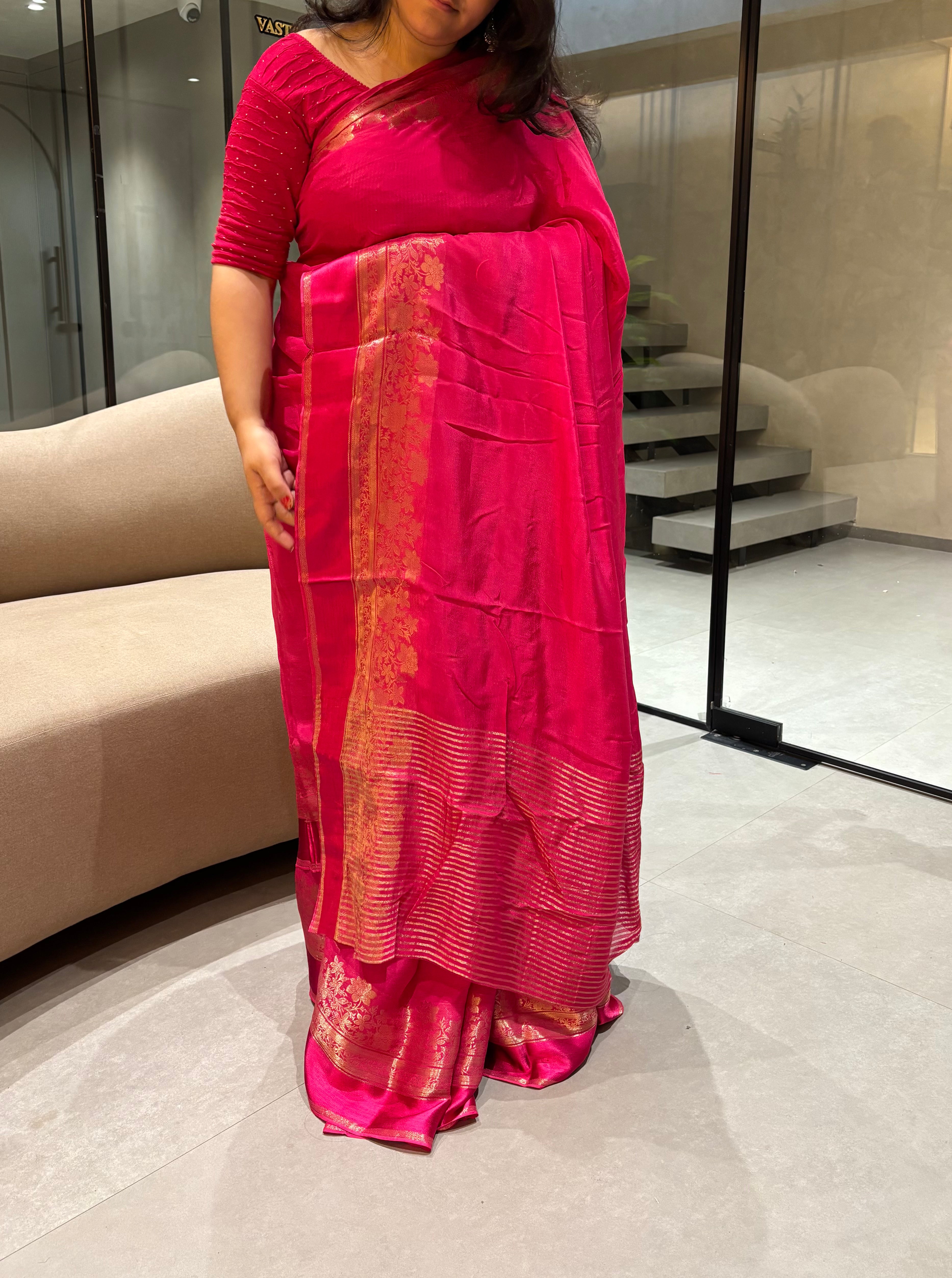 Fantabulous Party Wear Viscose Silk Satin Border Zari Design Fancy Saree With Blouse Piece
