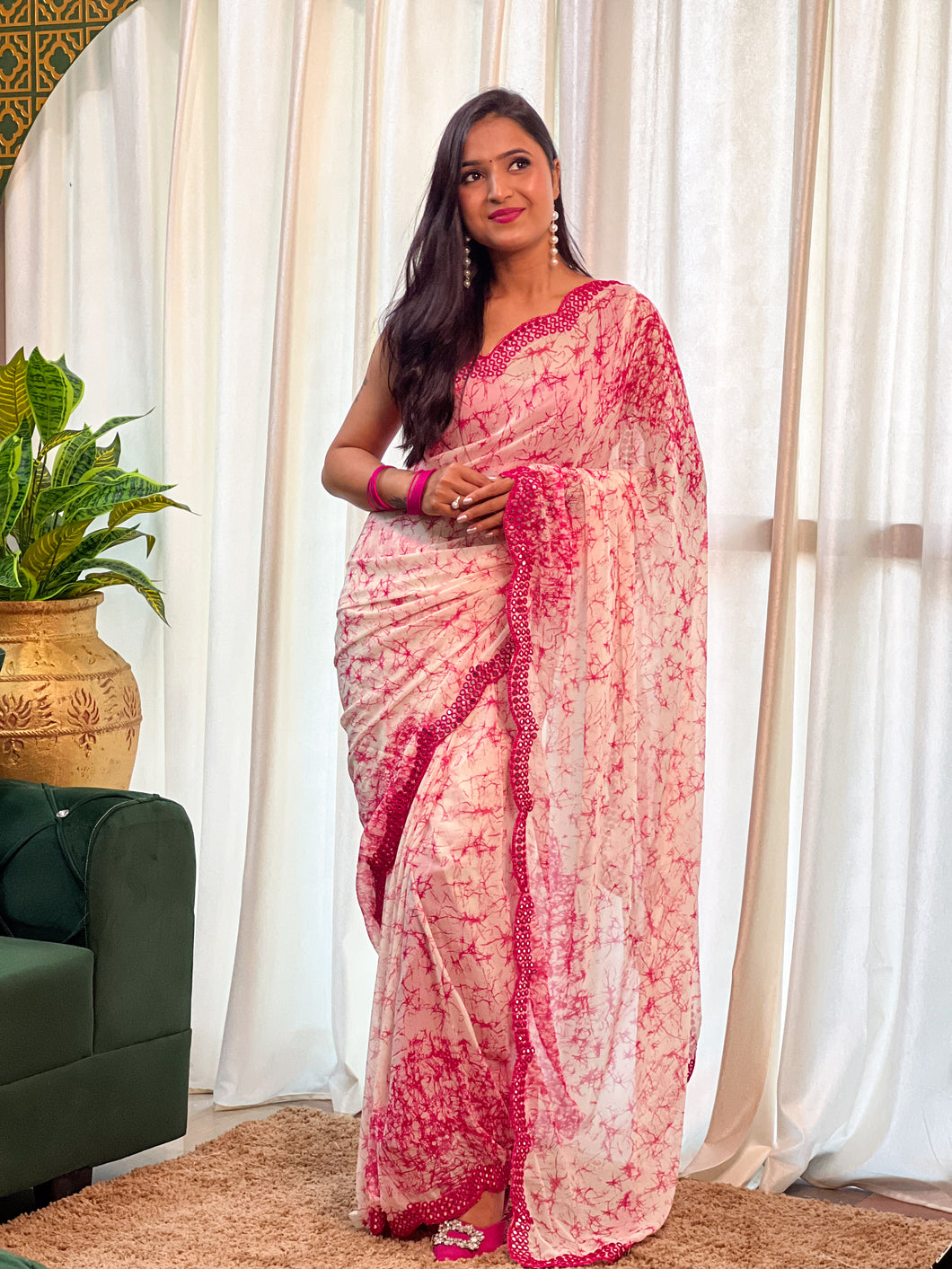 Latest Partywear Pink n Cream Color Printed With Foil Mirror n Embroidered Work Fancy Designer Saree