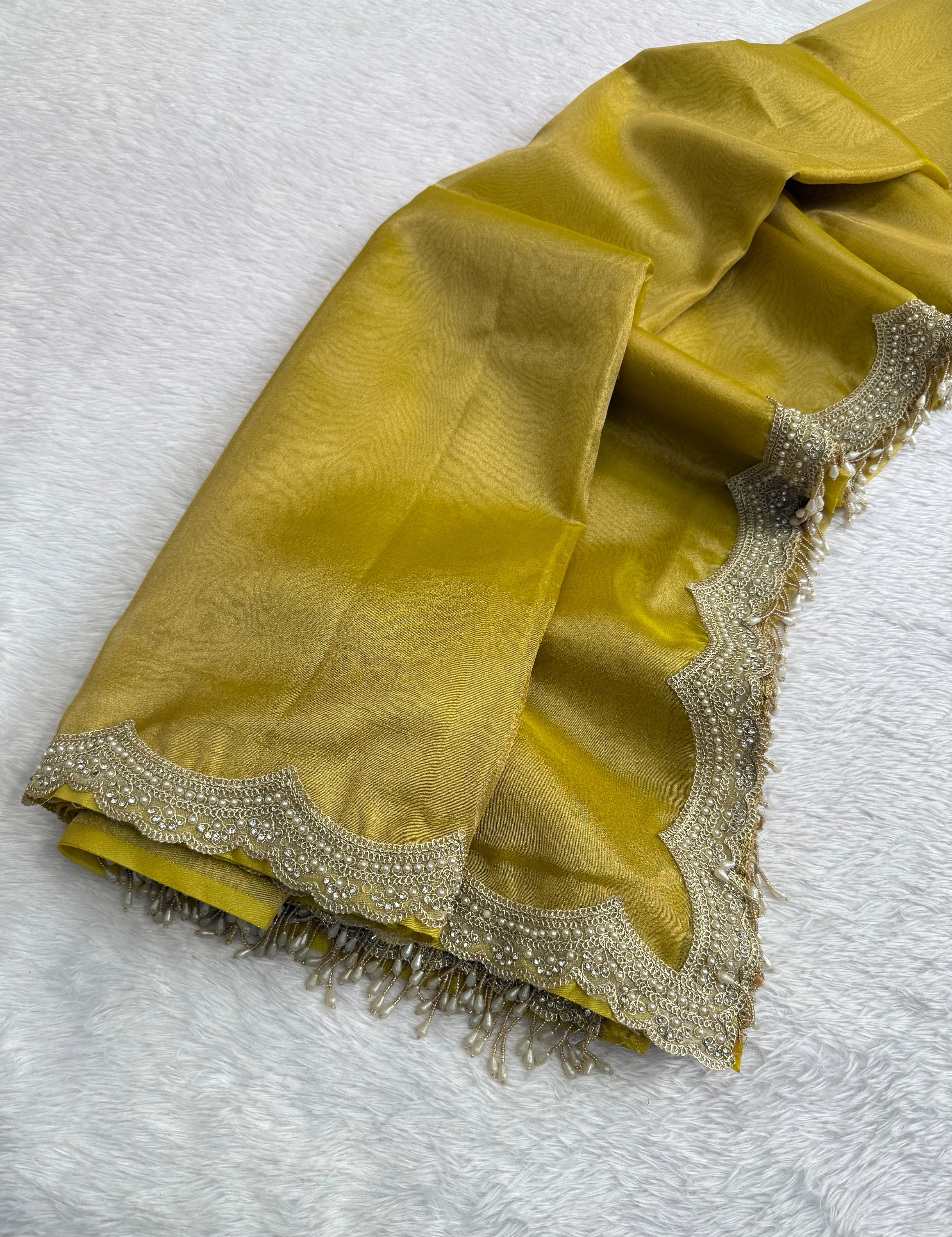 Whimsical Wedding Wear Soft Tissue Silk Scalloped Border Designer Saree For Occasion