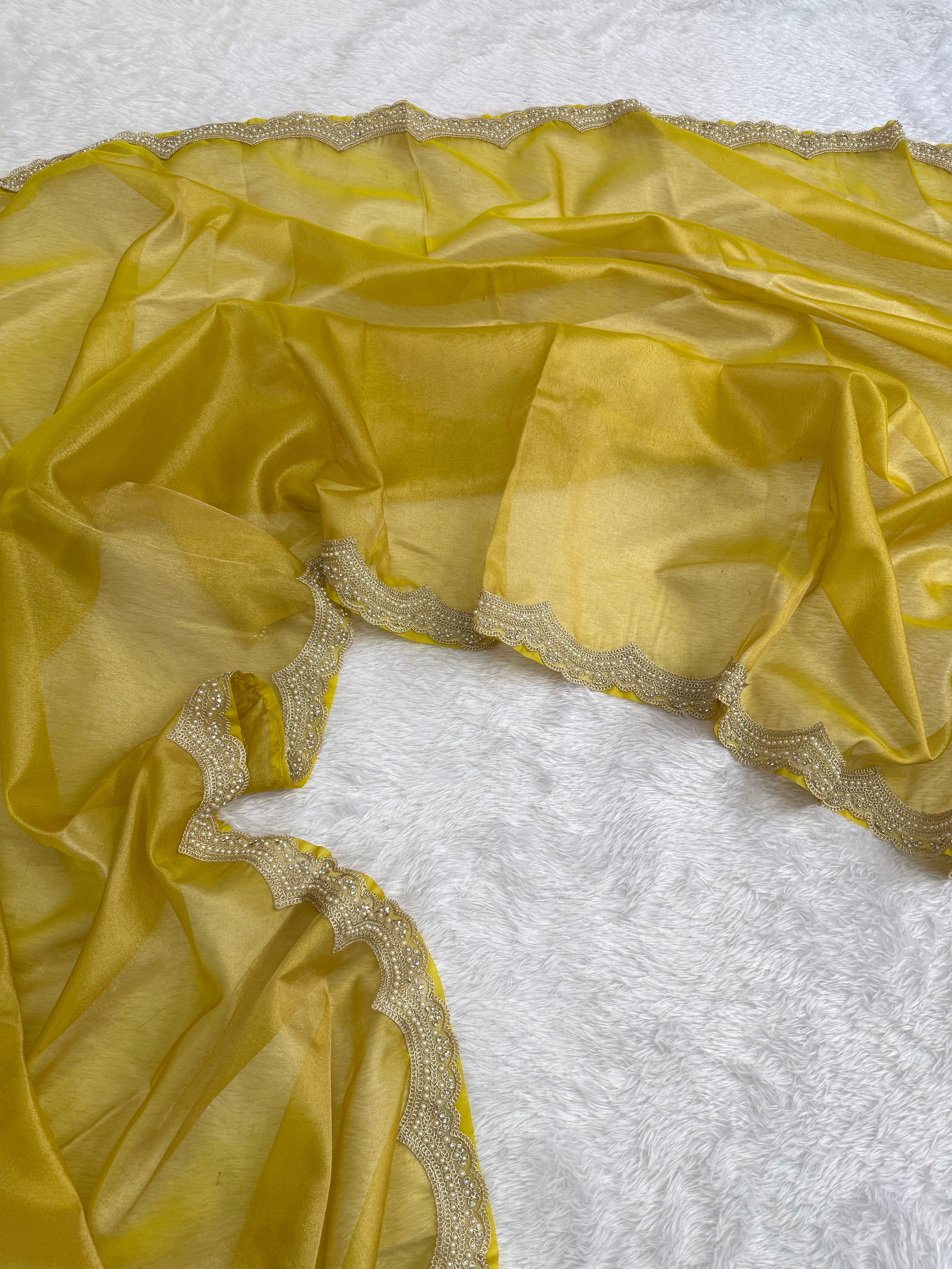 Whimsical Wedding Wear Soft Tissue Silk Scalloped Border Designer Saree For Occasion