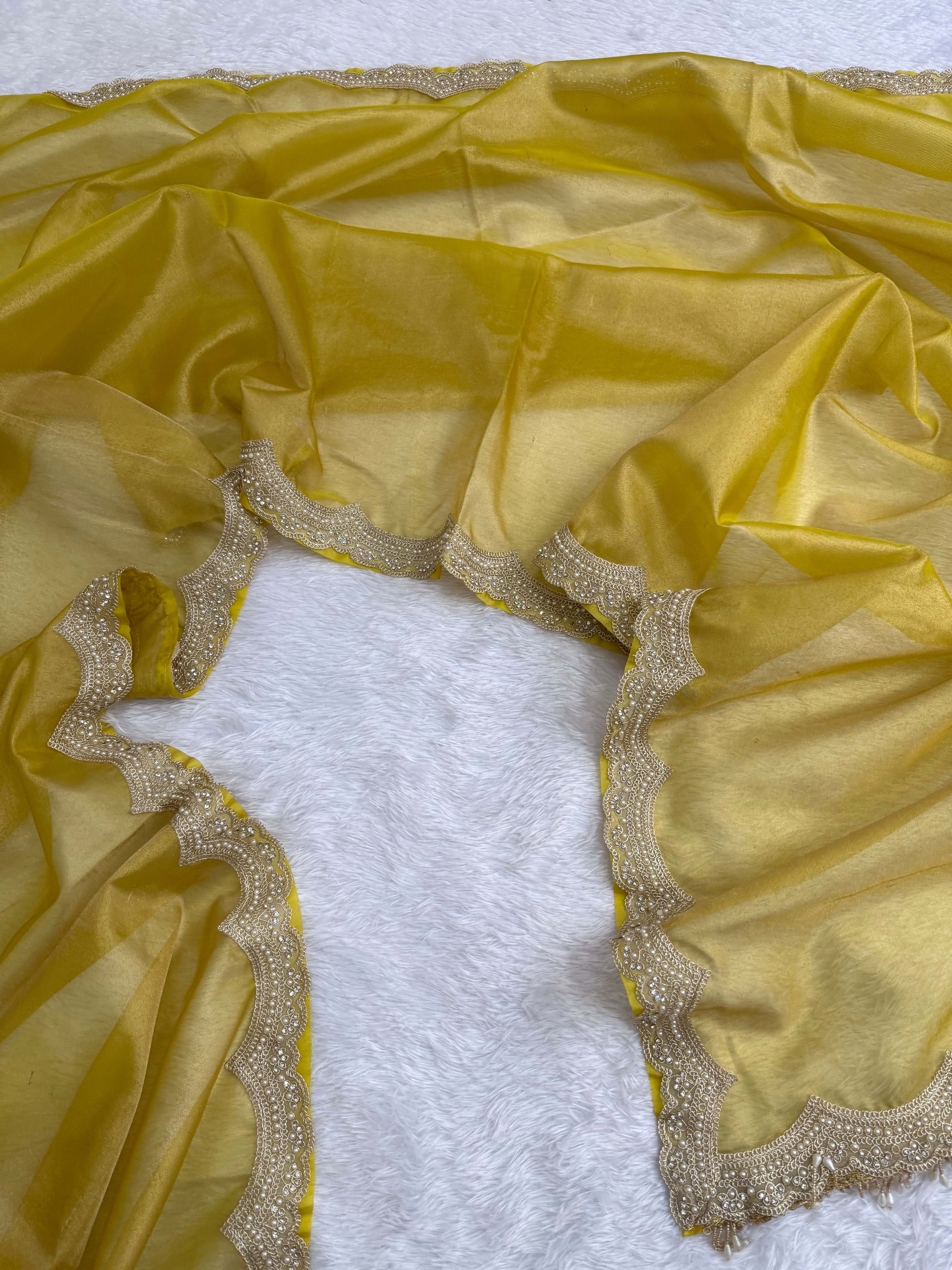 Whimsical Wedding Wear Soft Tissue Silk Scalloped Border Designer Saree For Occasion