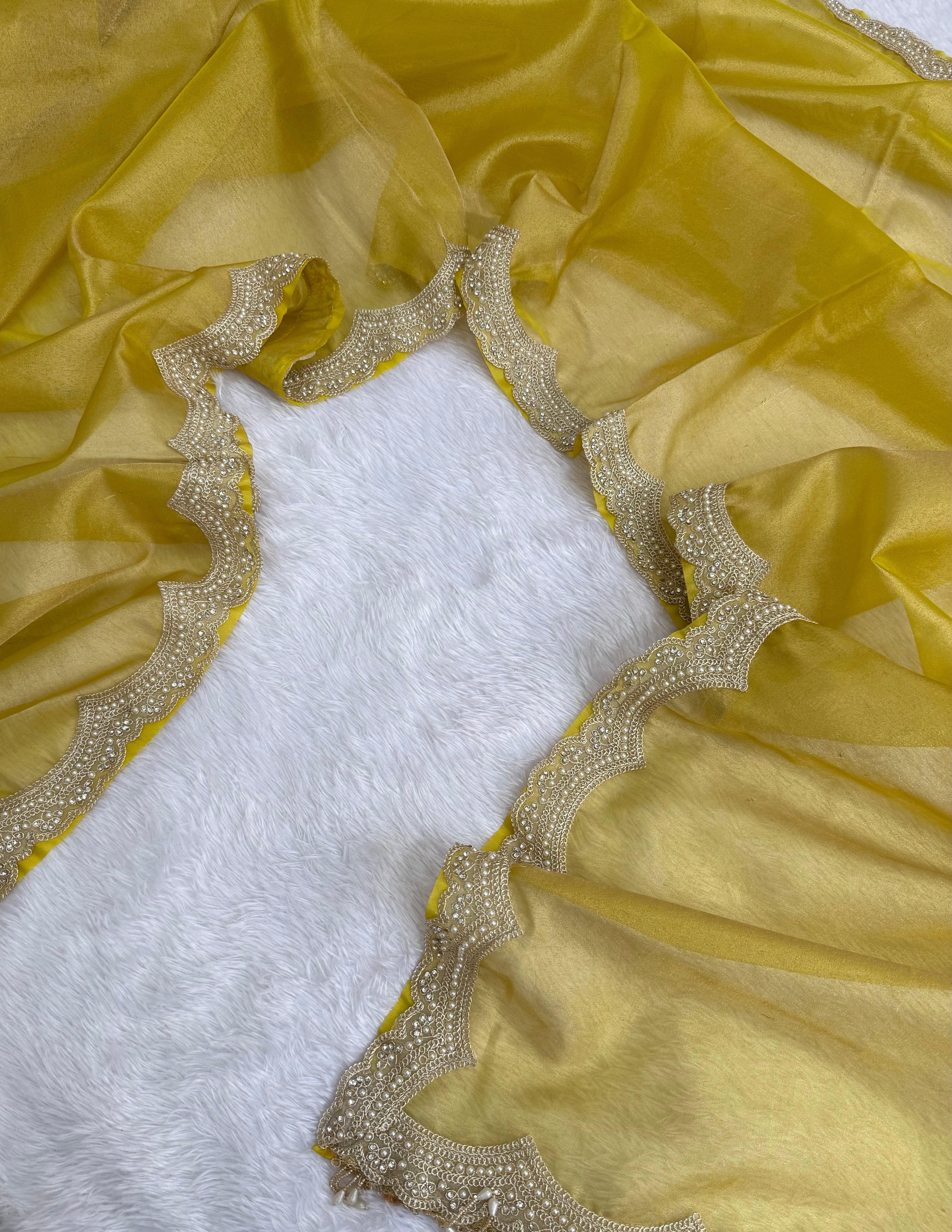 Whimsical Wedding Wear Soft Tissue Silk Scalloped Border Designer Saree For Occasion