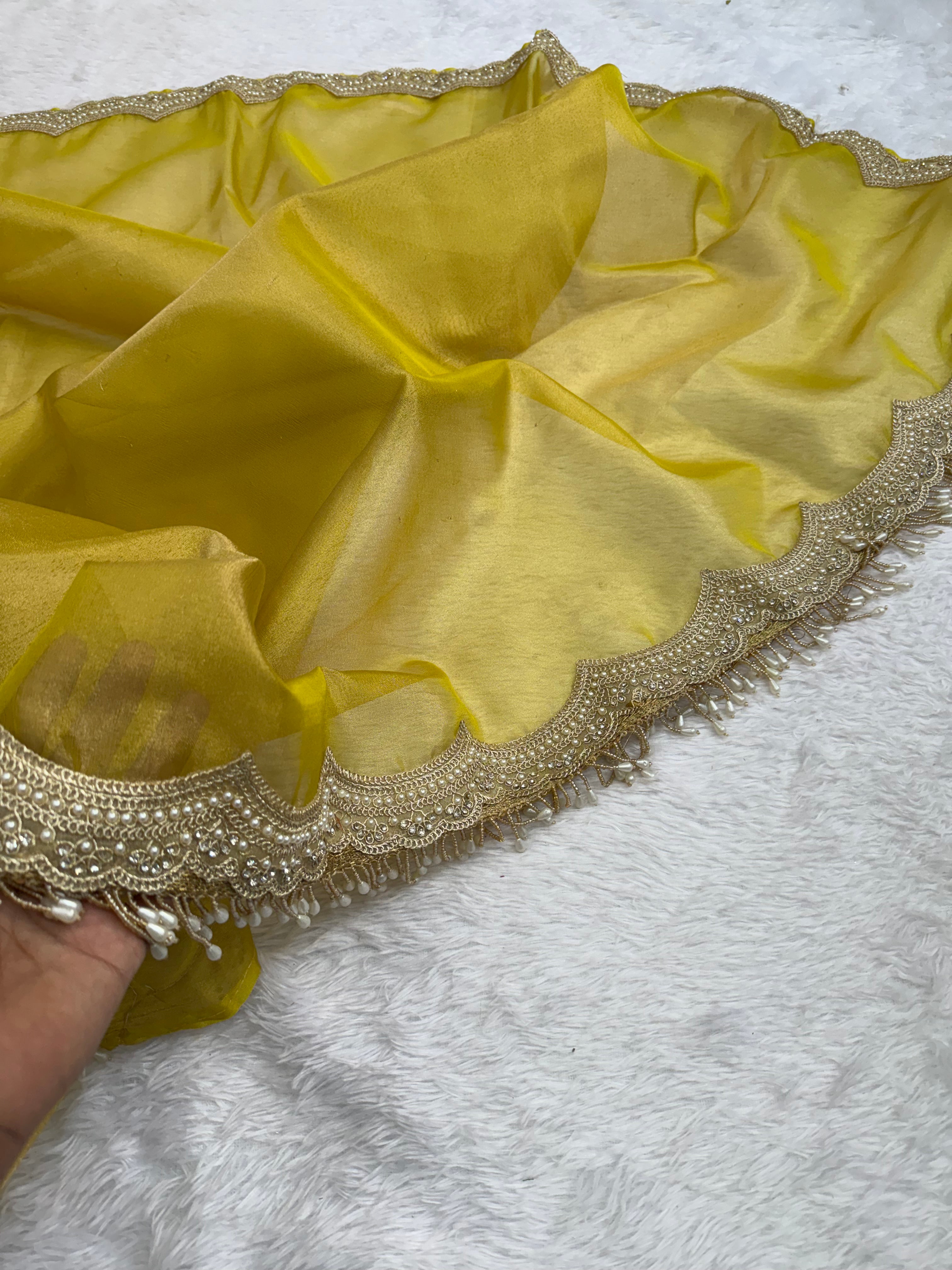 Whimsical Wedding Wear Soft Tissue Silk Scalloped Border Designer Saree For Occasion