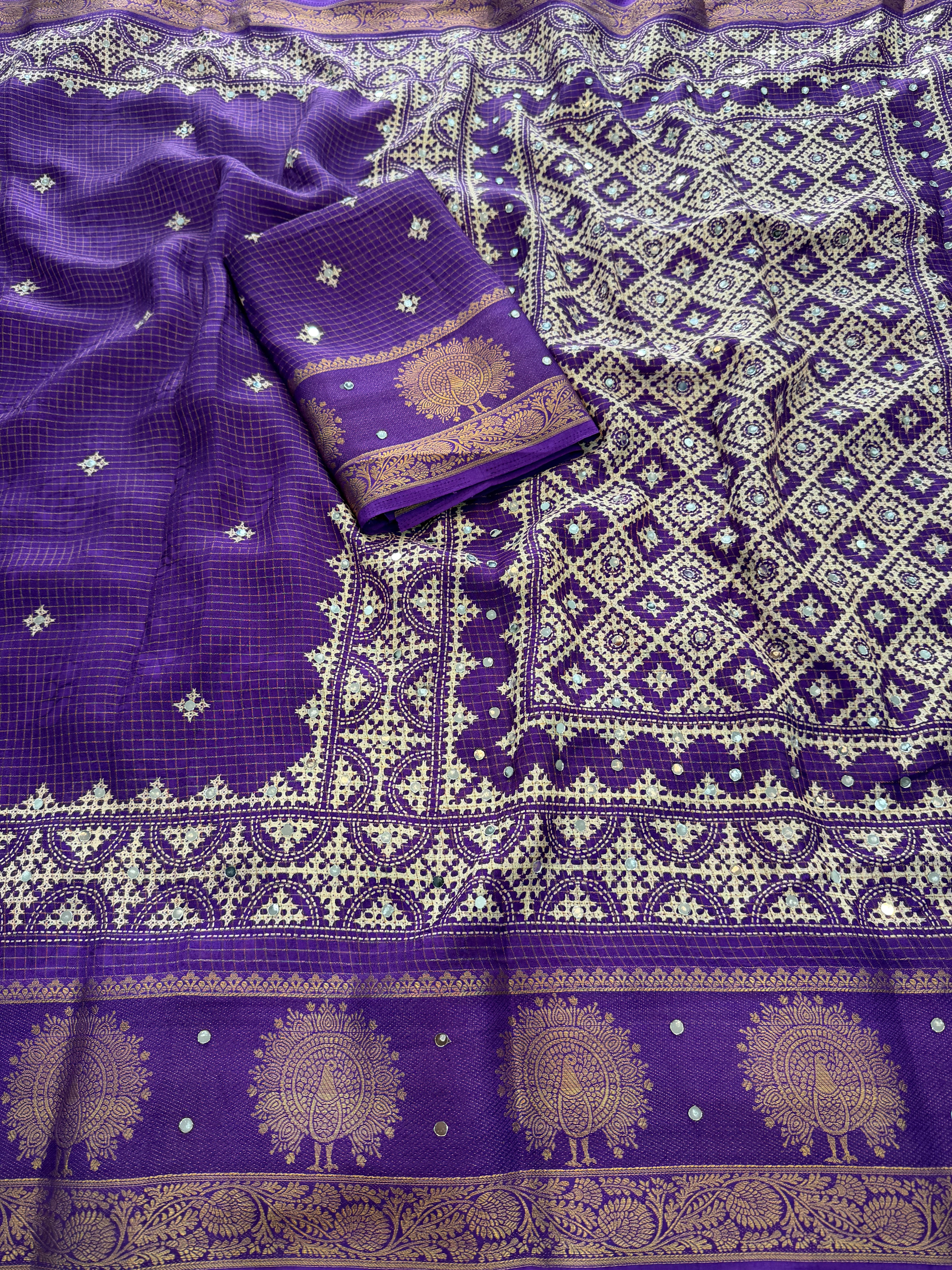 Divine Wedding Wear Silk Jacquard Border Mirror Work n Rich Pallu Designer Saree With Blouse Piece