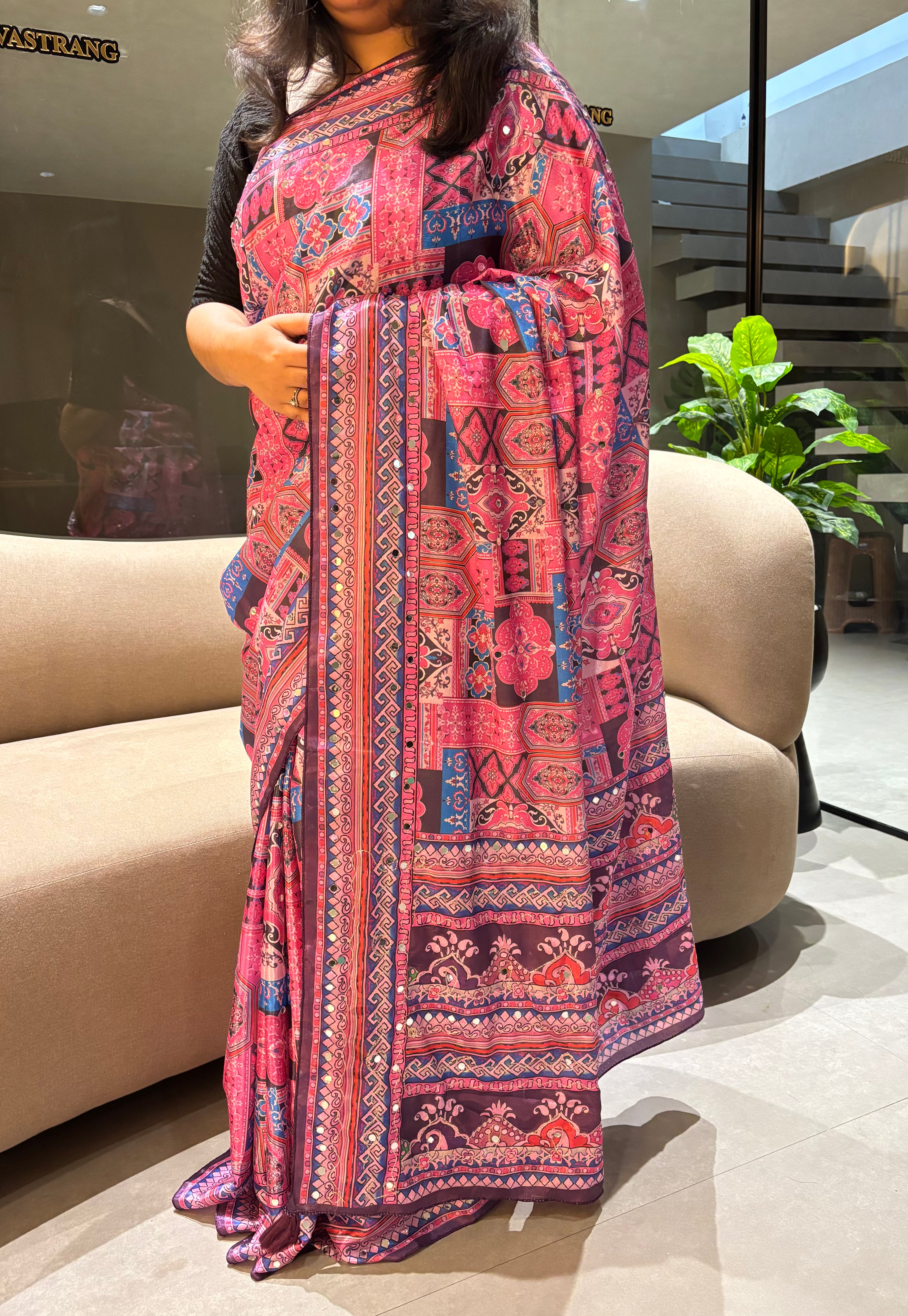 Desiring Festive Wear Silk Rich Pallu Thread n Mirror Work Designer Saree With Blouse Piece