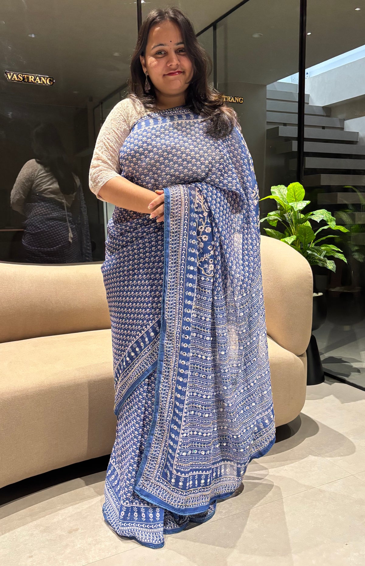 Adorning Party Wear Georgette Jacquard Zari Mirror n Handwork Border Fancy Saree With Blouse Piece