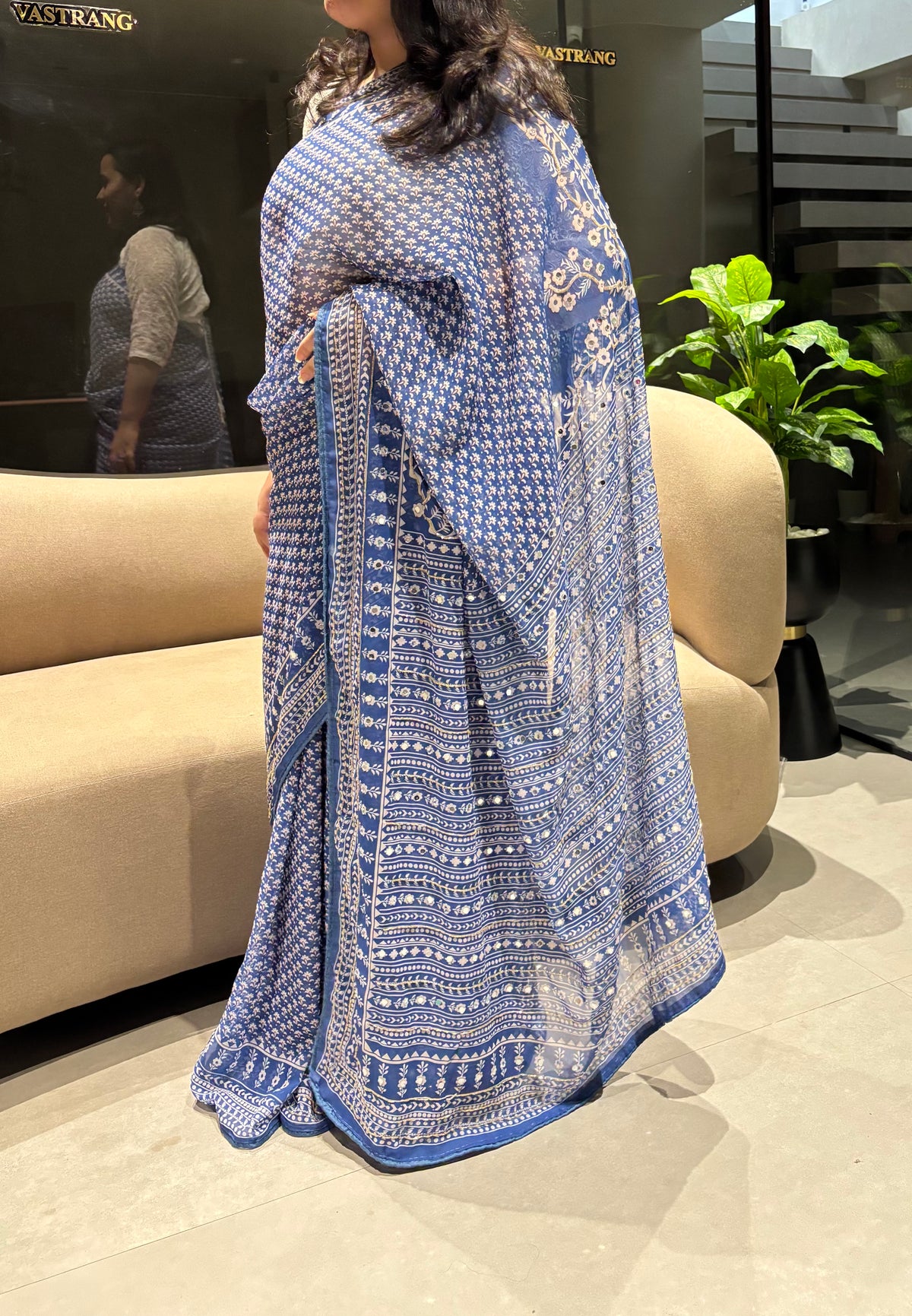 Adorning Party Wear Georgette Jacquard Zari Mirror n Handwork Border Fancy Saree With Blouse Piece