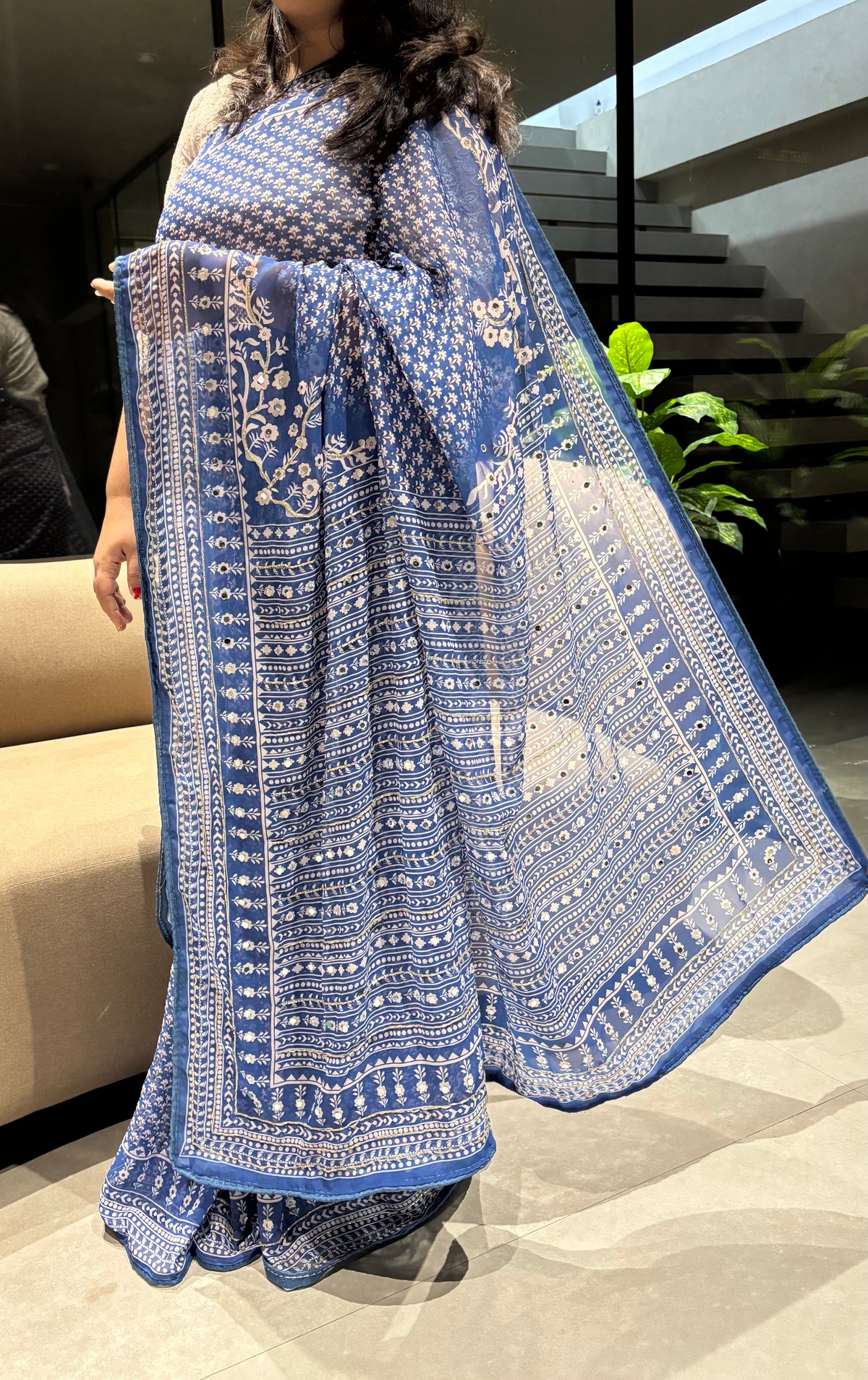 Adorning Party Wear Georgette Jacquard Zari Mirror n Handwork Border Fancy Saree With Blouse Piece