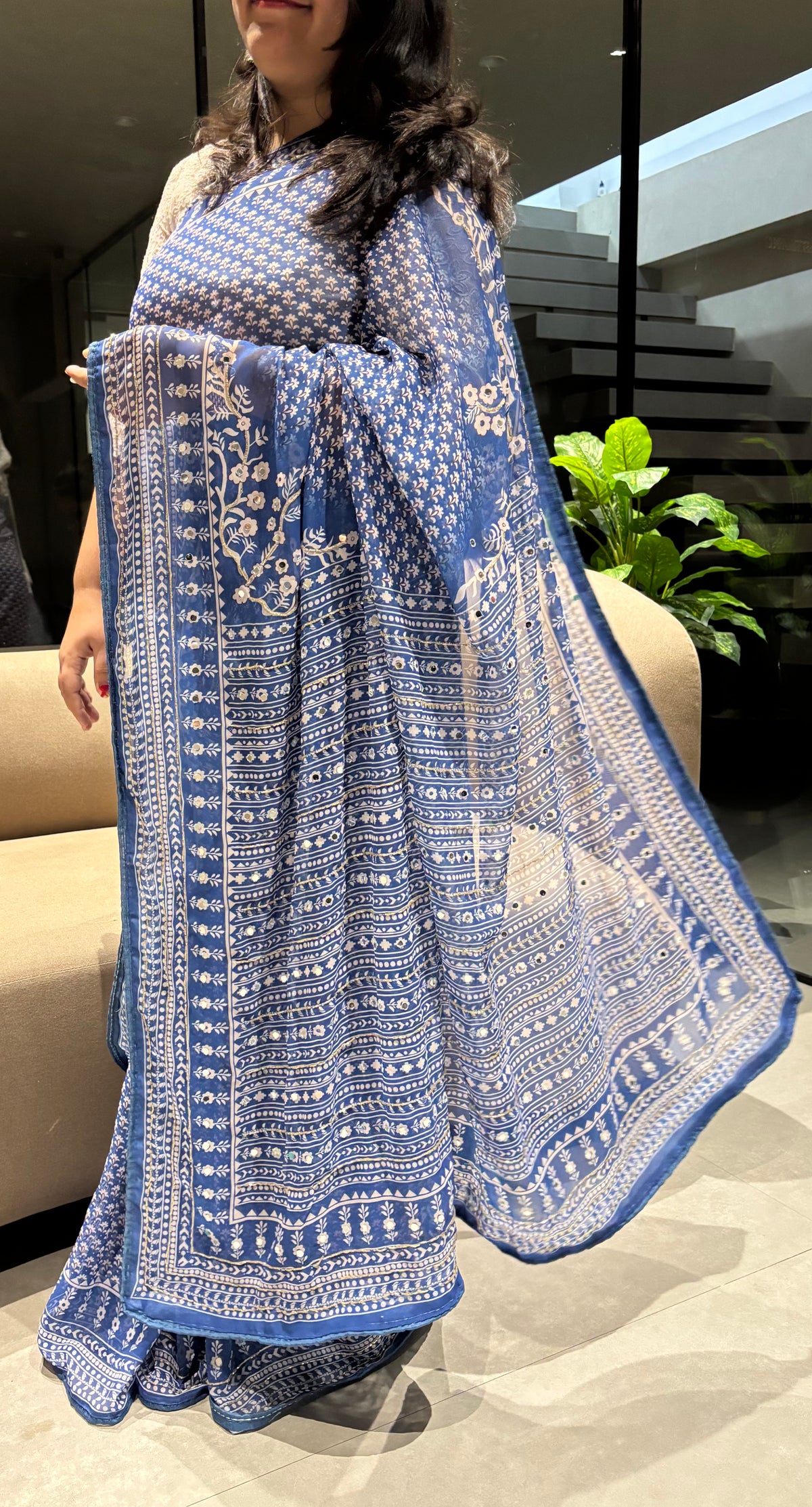 Adorning Party Wear Georgette Jacquard Zari Mirror n Handwork Border Fancy Saree With Blouse Piece