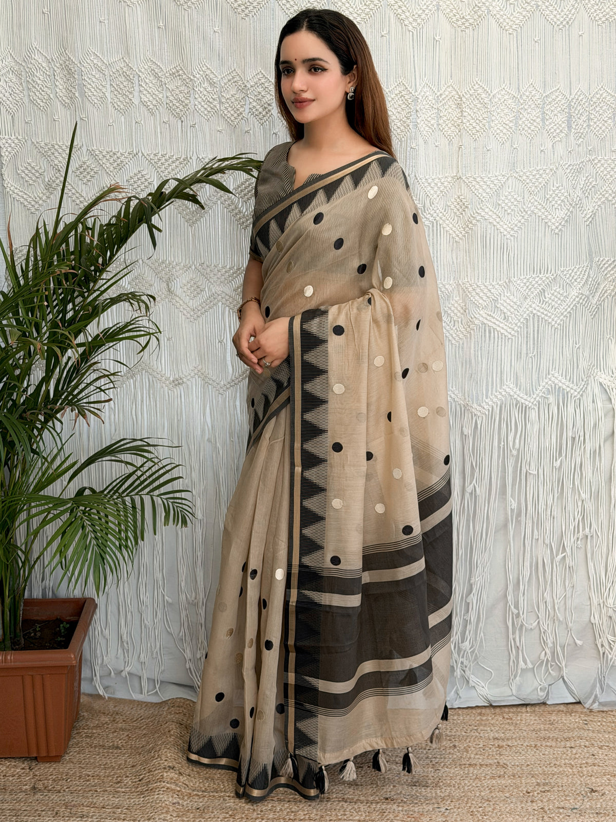 Whimsical Party Wear Cotton Thread Weaving Embroidery Work Fancy Saree With Unstitched Blouse Piece