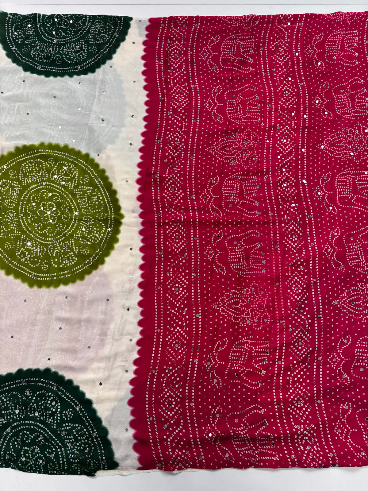 Whimsical Function Wear Satin Silk Real Mirror n Ajrak Print Fancy Saree With Blouse Piece