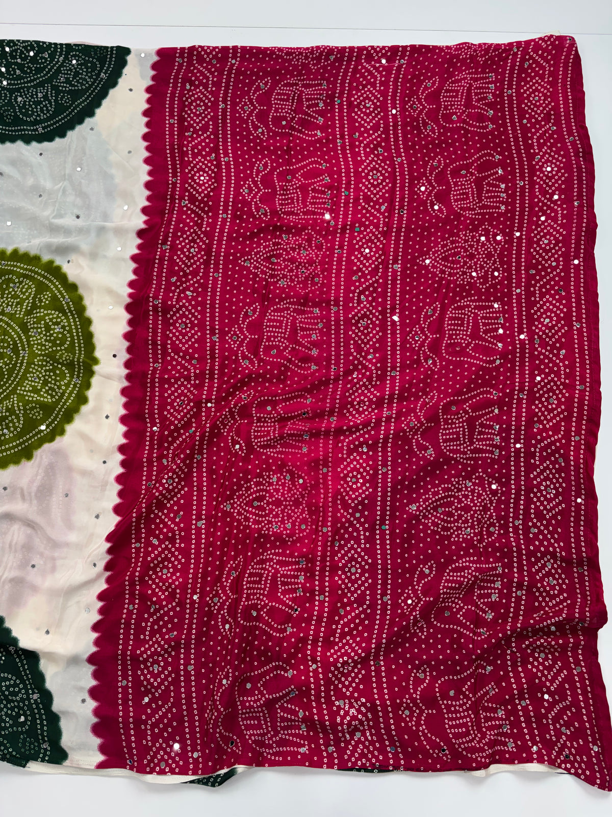Whimsical Function Wear Satin Silk Real Mirror n Ajrak Print Fancy Saree With Blouse Piece
