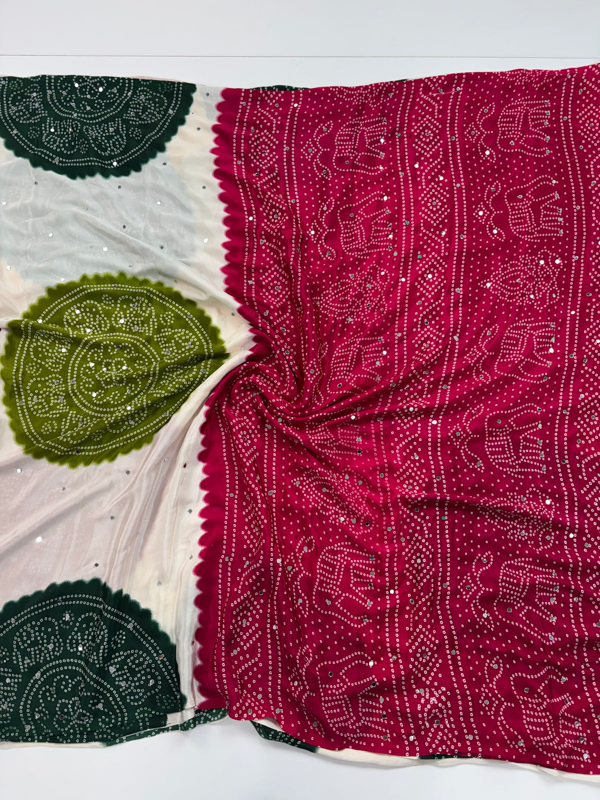 Whimsical Function Wear Satin Silk Real Mirror n Ajrak Print Fancy Saree With Blouse Piece