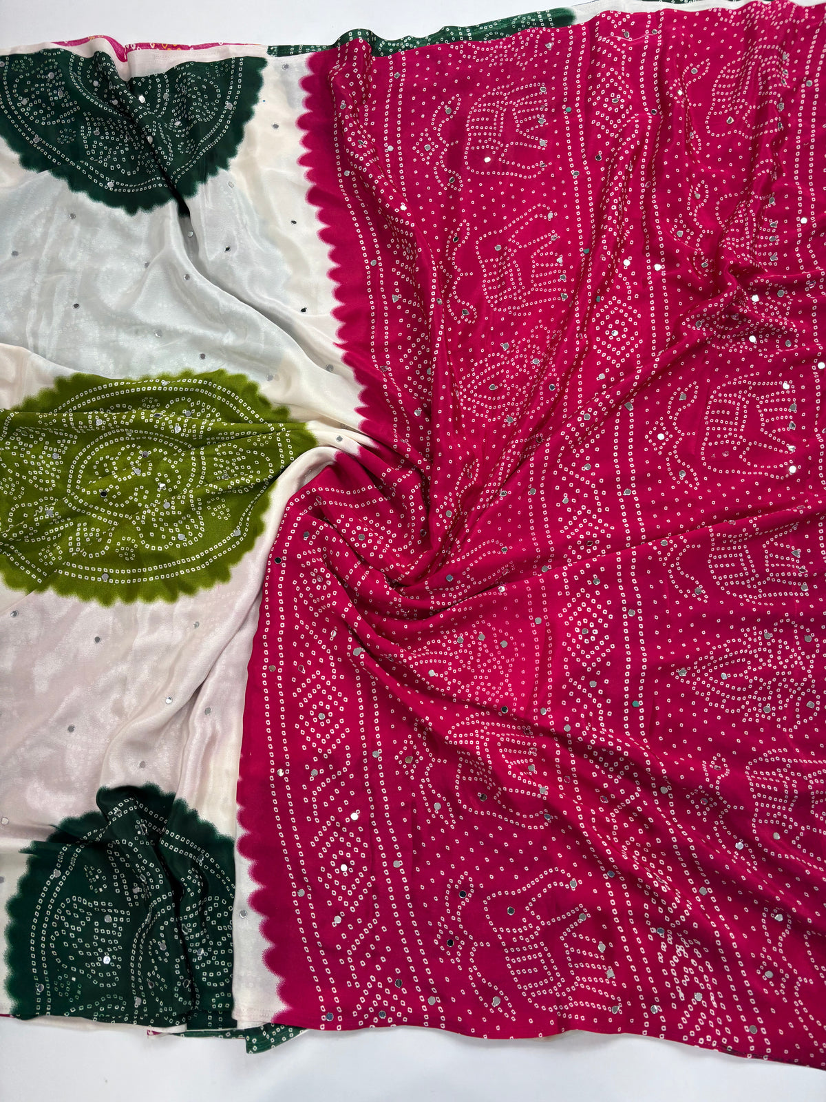 Whimsical Function Wear Satin Silk Real Mirror n Ajrak Print Fancy Saree With Blouse Piece