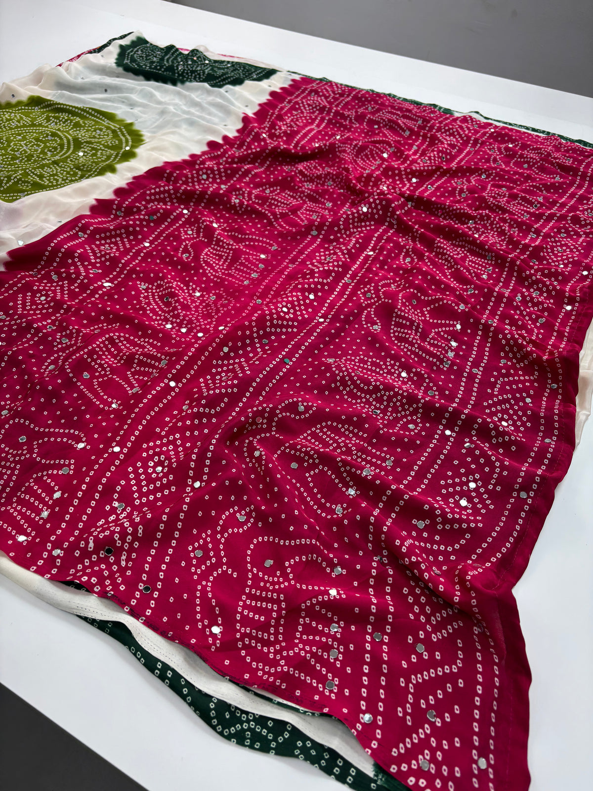 Whimsical Function Wear Satin Silk Real Mirror n Ajrak Print Fancy Saree With Blouse Piece
