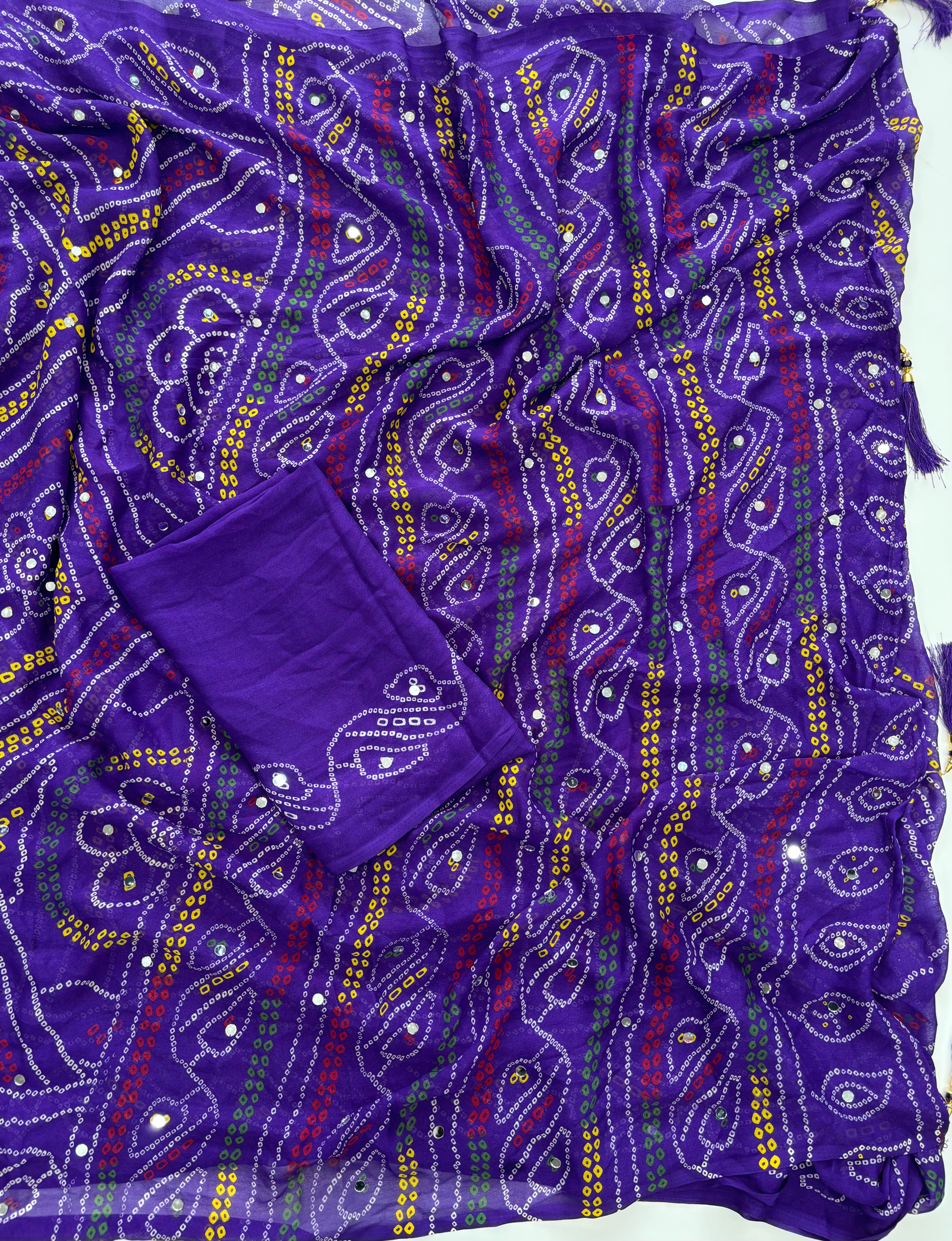 Blooming Party Wear Georgette Bandhani Print Tussels n Mirror Work Designer Saree With Blouse Piece