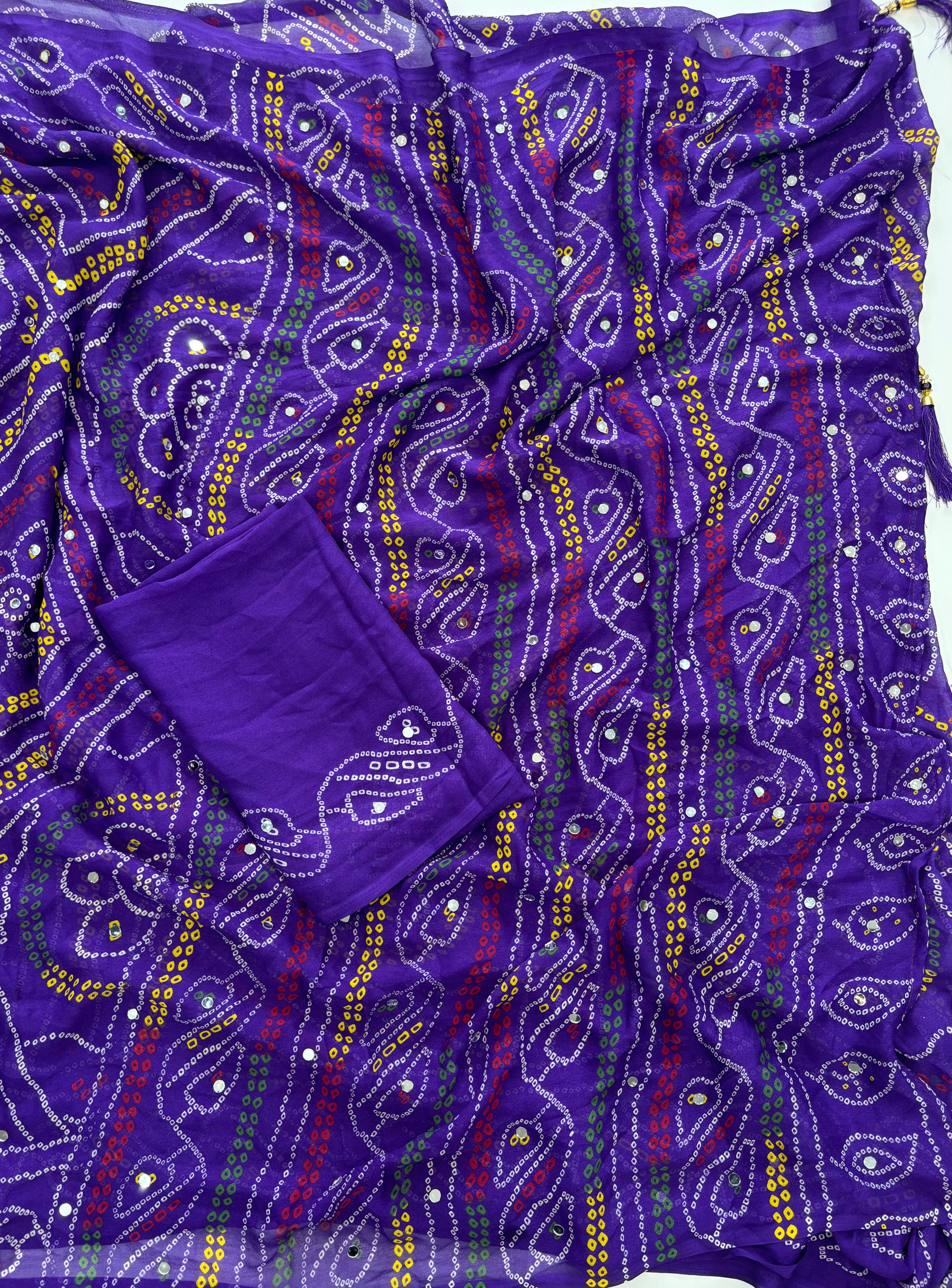 Blooming Party Wear Georgette Bandhani Print Tussels n Mirror Work Designer Saree With Blouse Piece