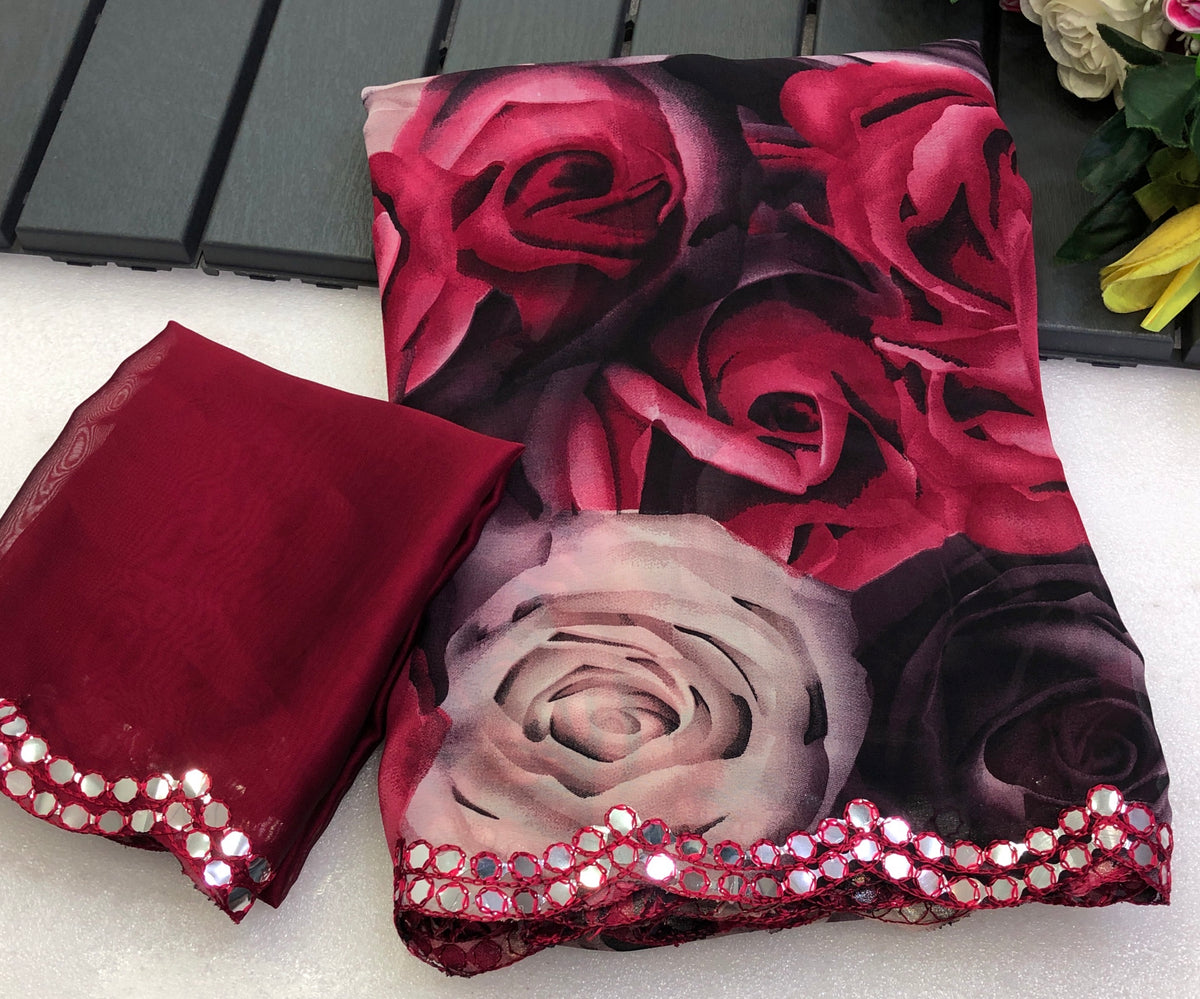Gratifying Festive Wear Pure Soft Chiffon Floral Print Design Mirror Work Saree With Blouse Piece