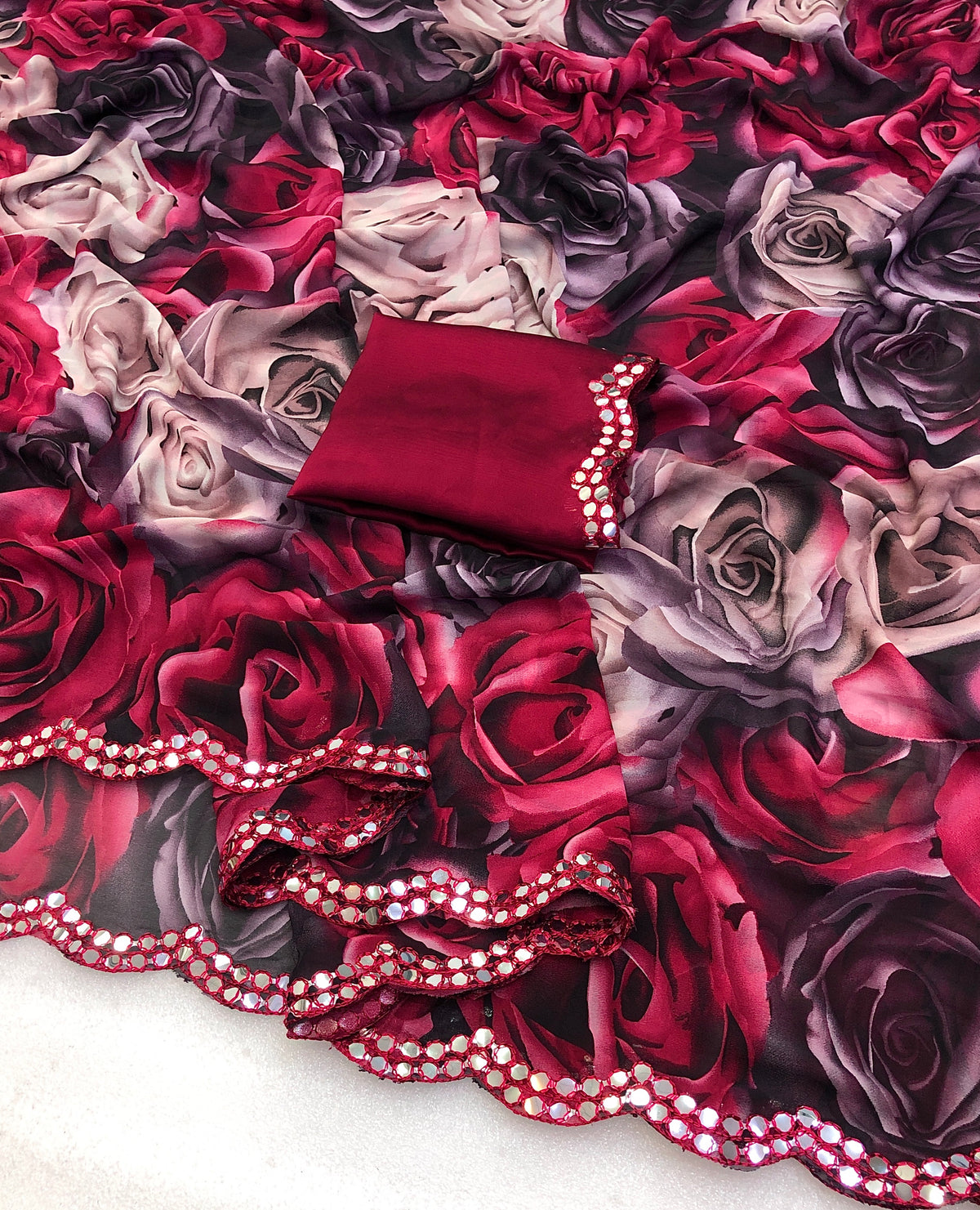 Gratifying Festive Wear Pure Soft Chiffon Floral Print Design Mirror Work Saree With Blouse Piece