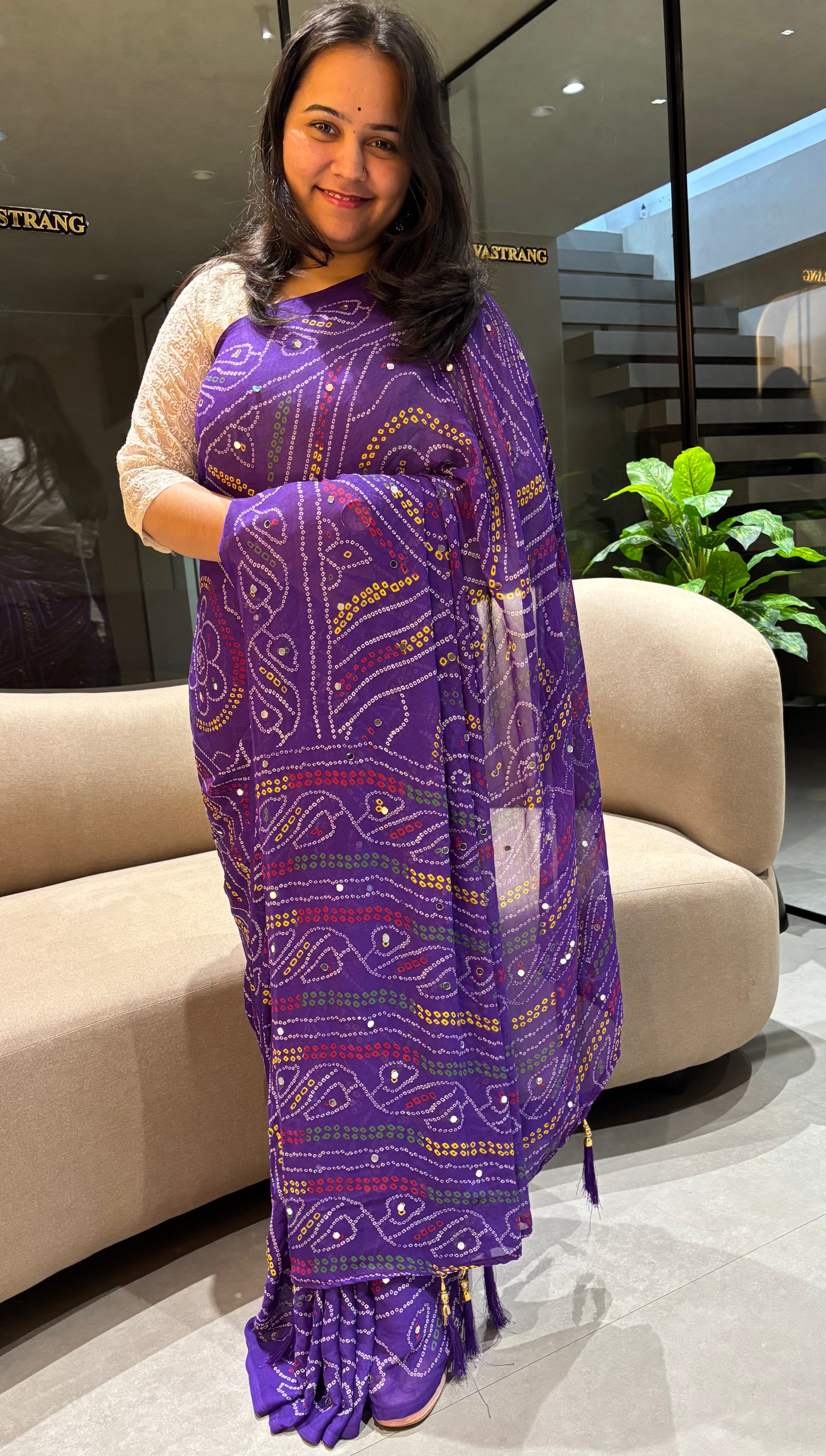 Blooming Party Wear Georgette Bandhani Print Tussels n Mirror Work Designer Saree With Blouse Piece
