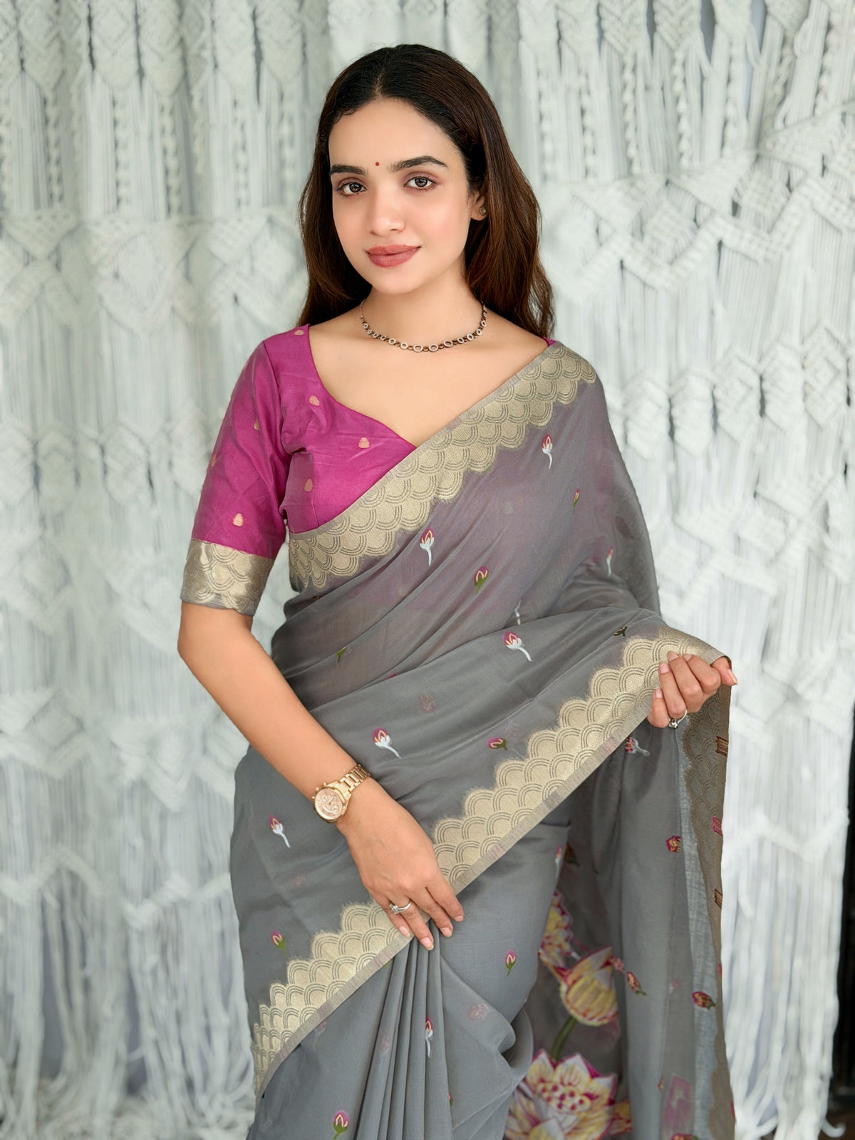 Stunning Wedding Wear Linen Cotton Print n Tussles Work Designer Saree With Unstitched Blouse Piece