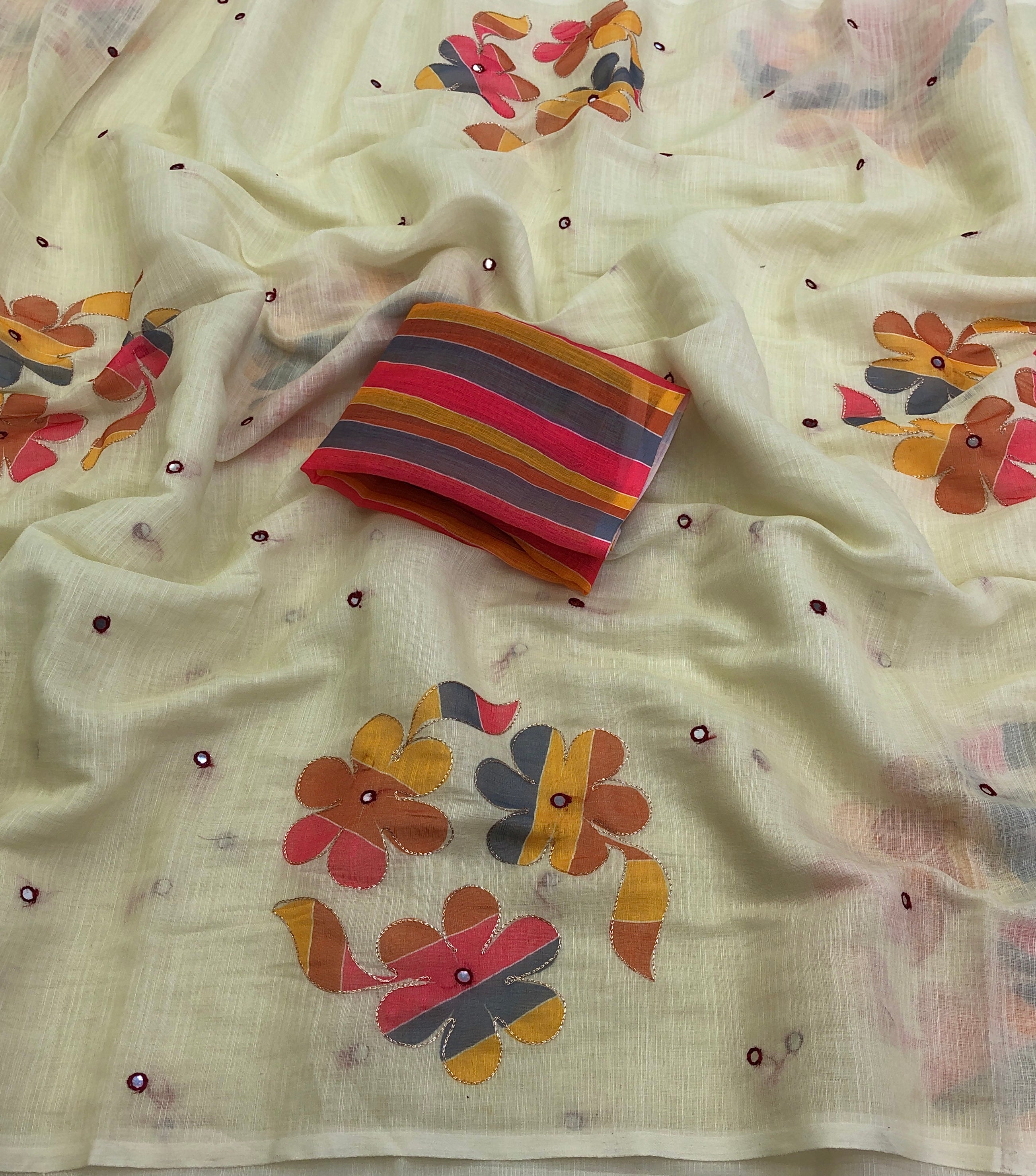 Graceful Function Wear Soft Linen Embroidery n Mirror Work Fancy Saree With Blouse Piece