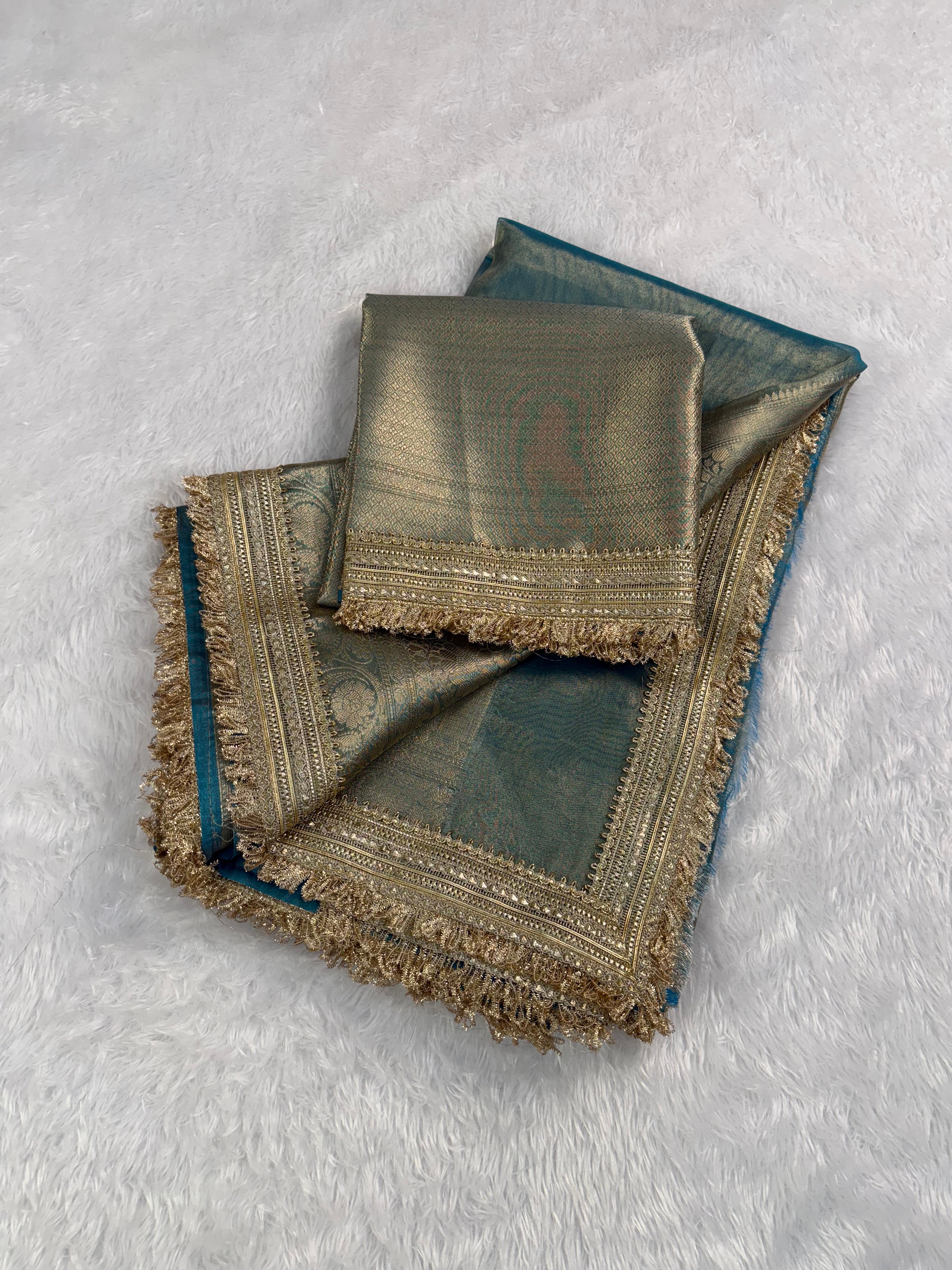 Glorious Party Wear Banarasi Tissue Silk Jacquard n Lace Work Fancy Designer Saree