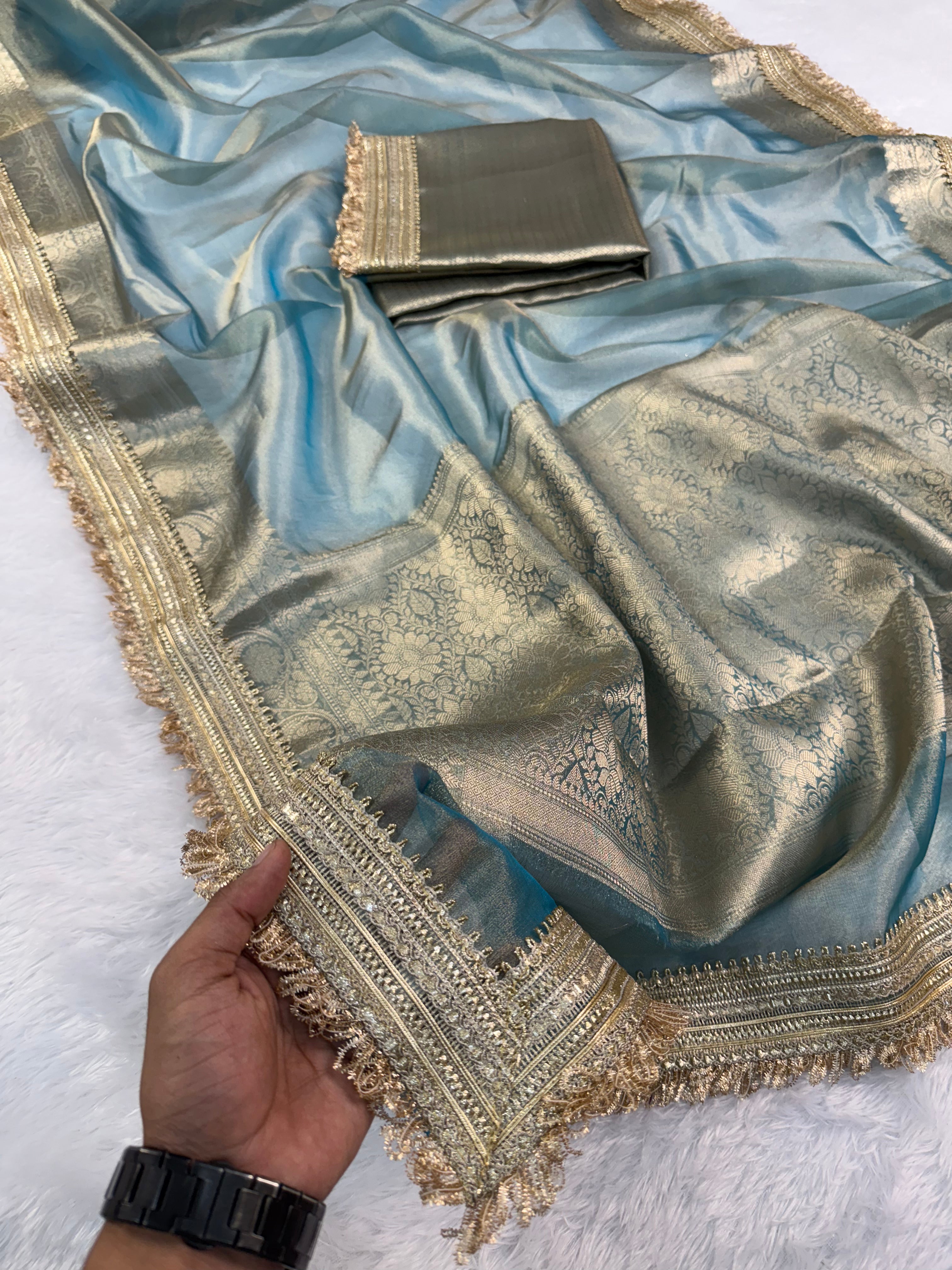 Glorious Party Wear Banarasi Tissue Silk Jacquard n Lace Work Fancy Designer Saree
