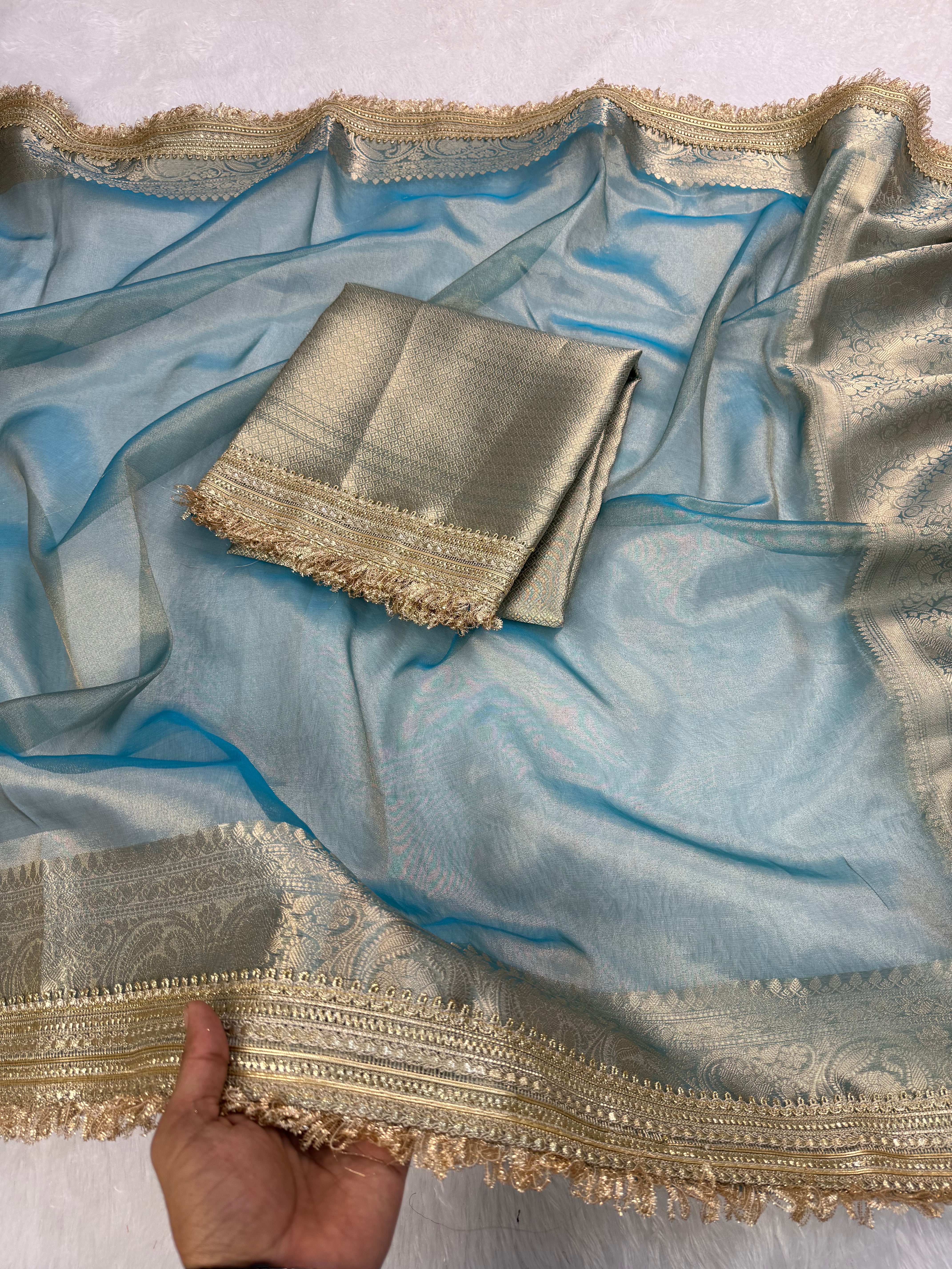 Glorious Party Wear Banarasi Tissue Silk Jacquard n Lace Work Fancy Designer Saree