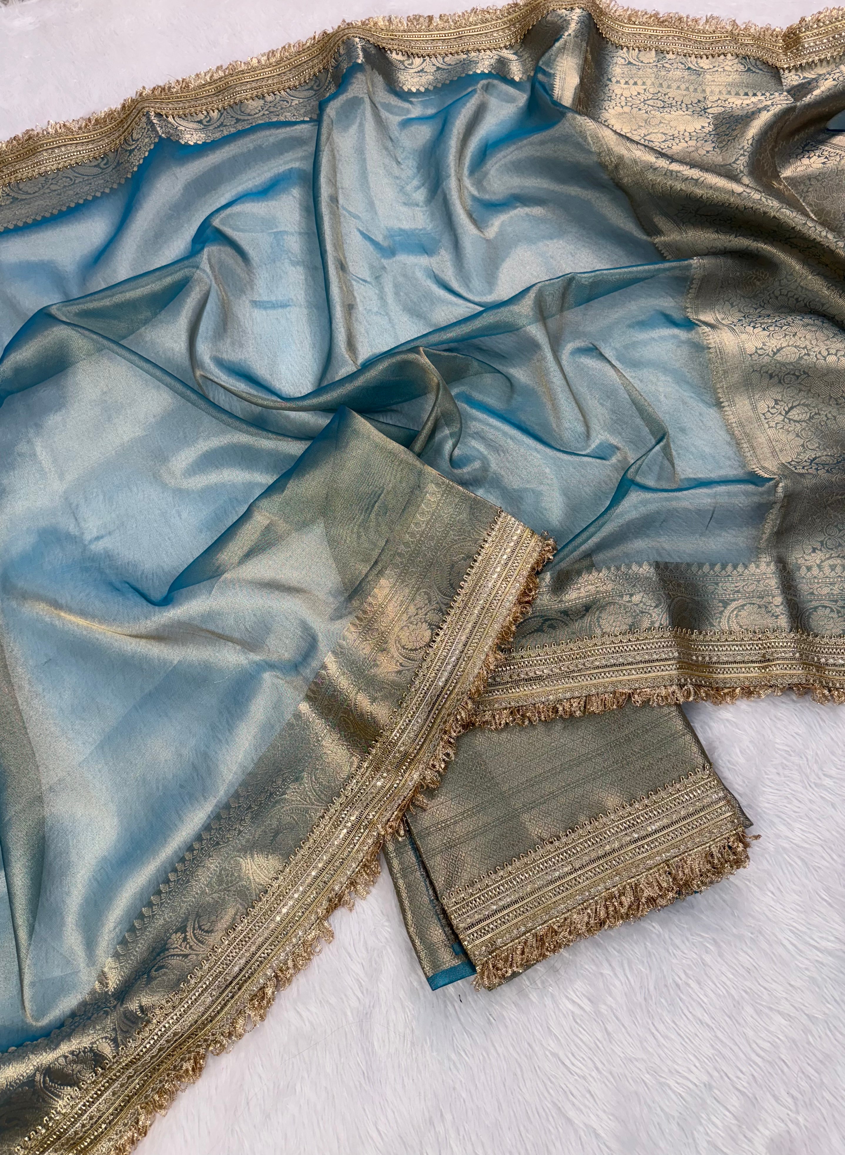 Glorious Party Wear Banarasi Tissue Silk Jacquard n Lace Work Fancy Designer Saree