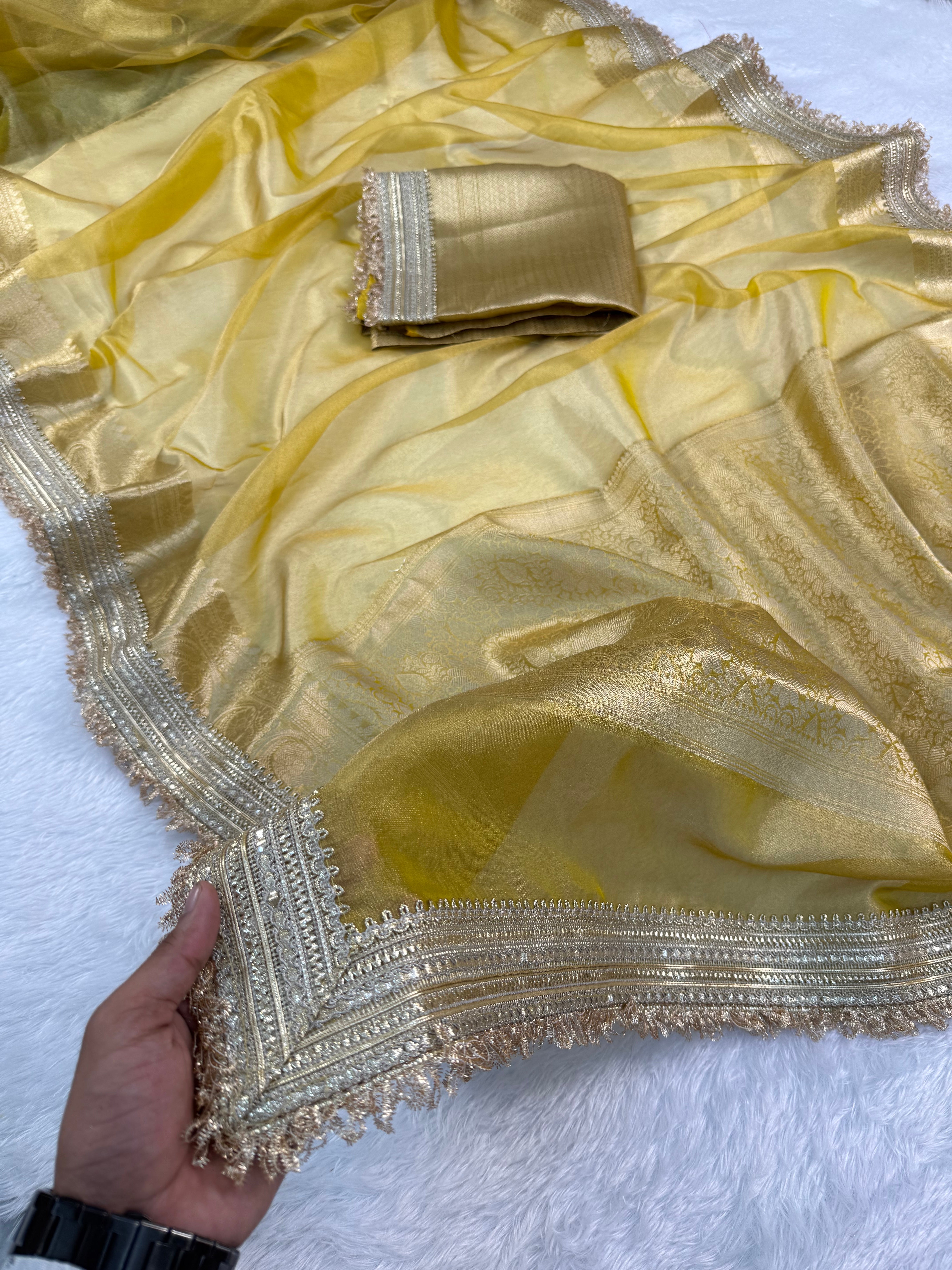 Glorious Party Wear Banarasi Tissue Silk Jacquard n Lace Work Fancy Designer Saree