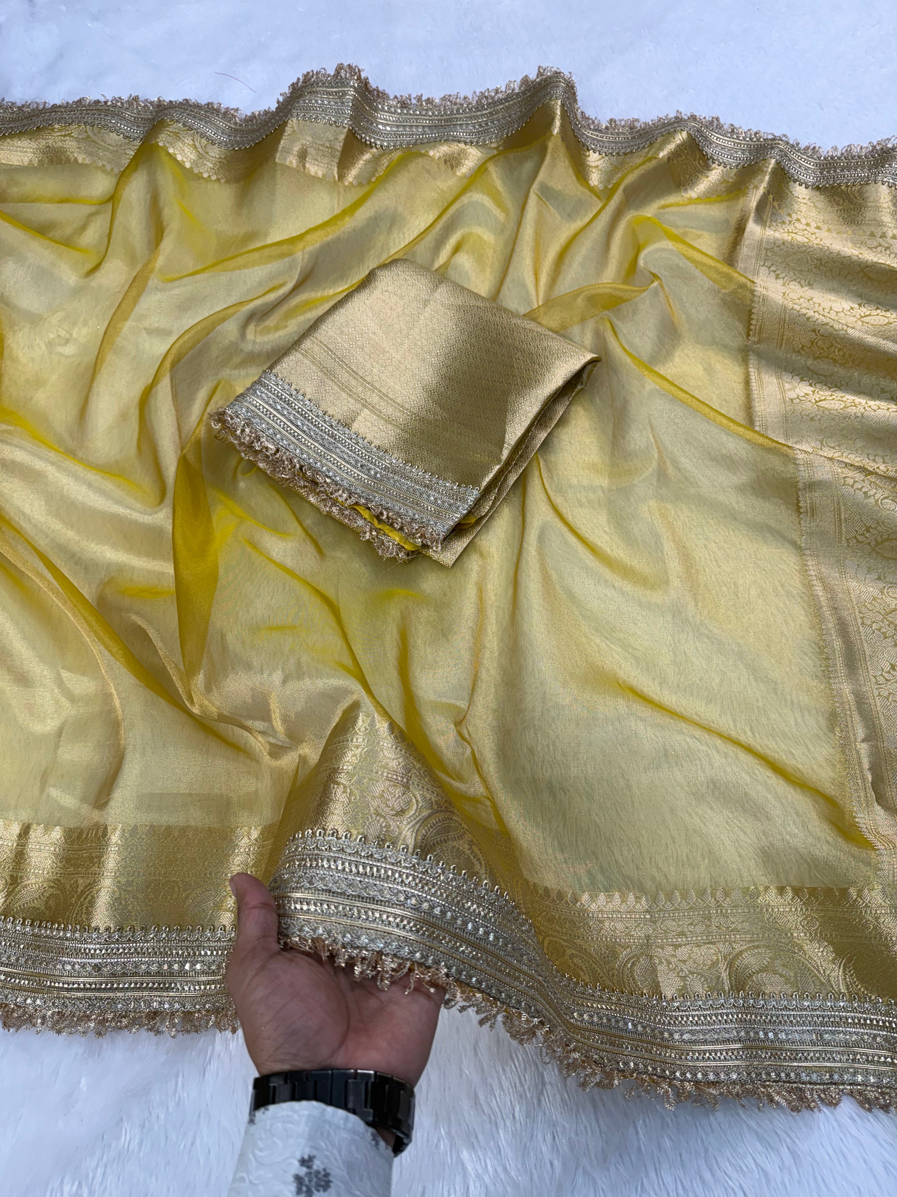 Glorious Party Wear Banarasi Tissue Silk Jacquard n Lace Work Fancy Designer Saree