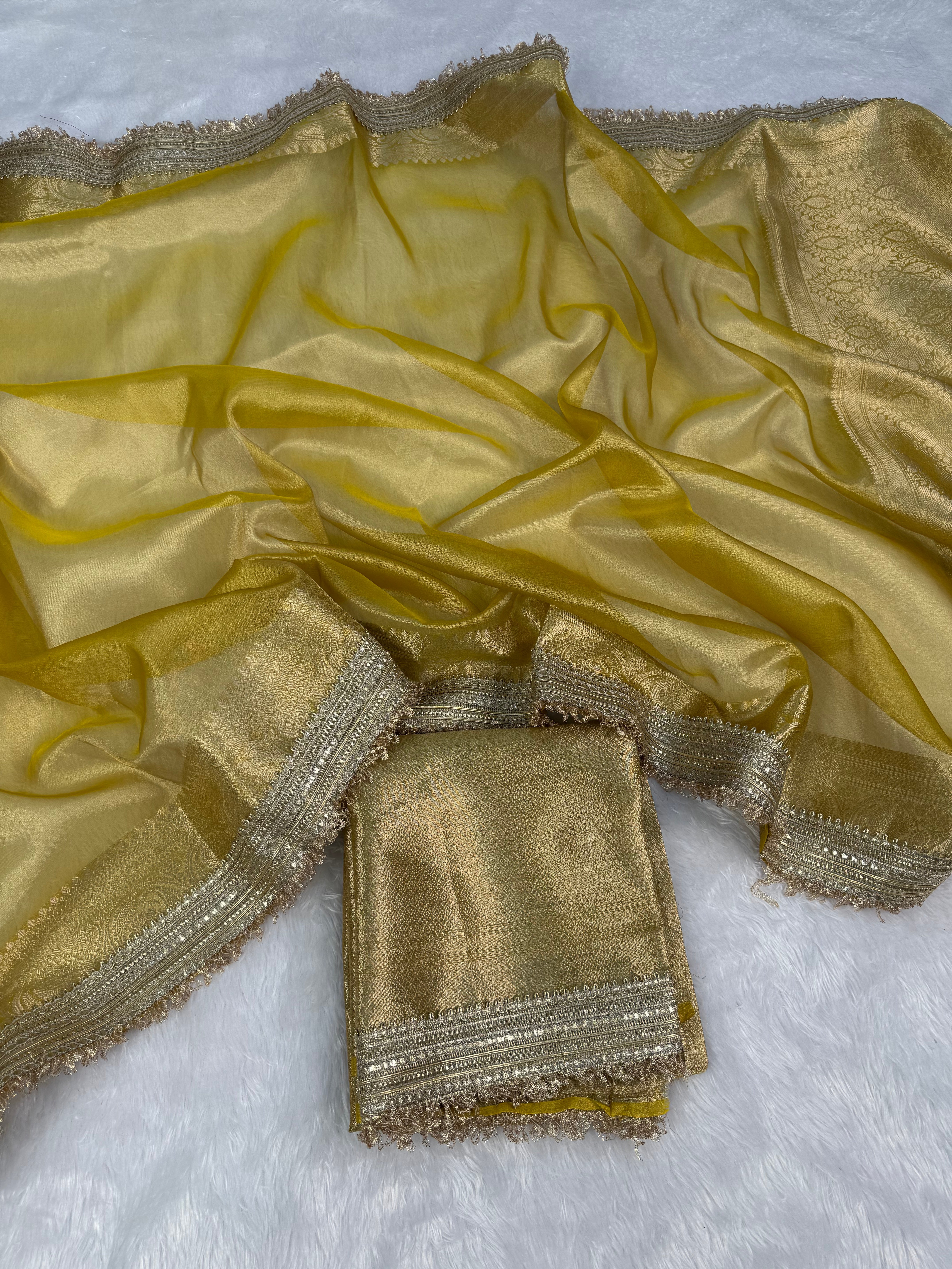 Glorious Party Wear Banarasi Tissue Silk Jacquard n Lace Work Fancy Designer Saree