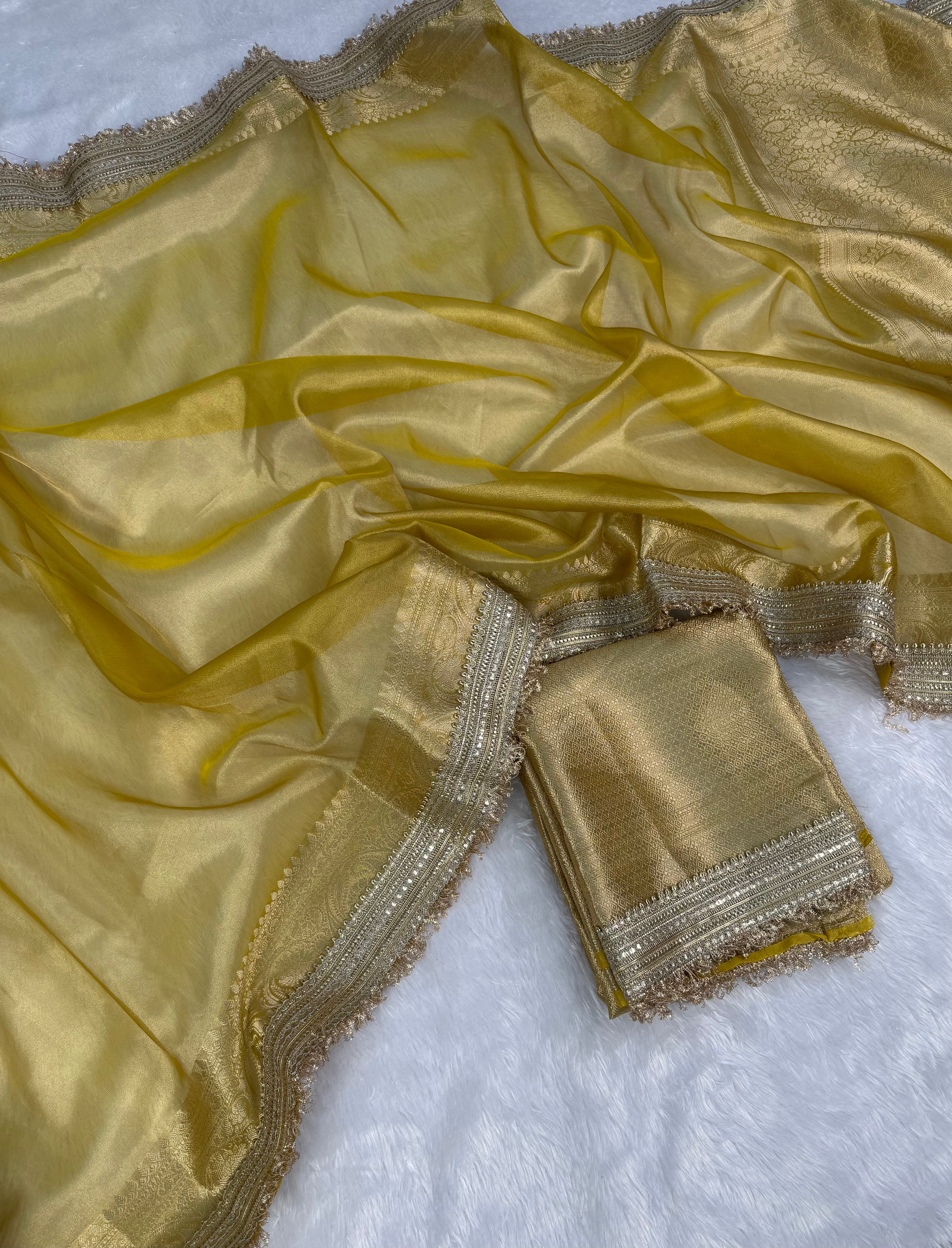 Glorious Party Wear Banarasi Tissue Silk Jacquard n Lace Work Fancy Designer Saree