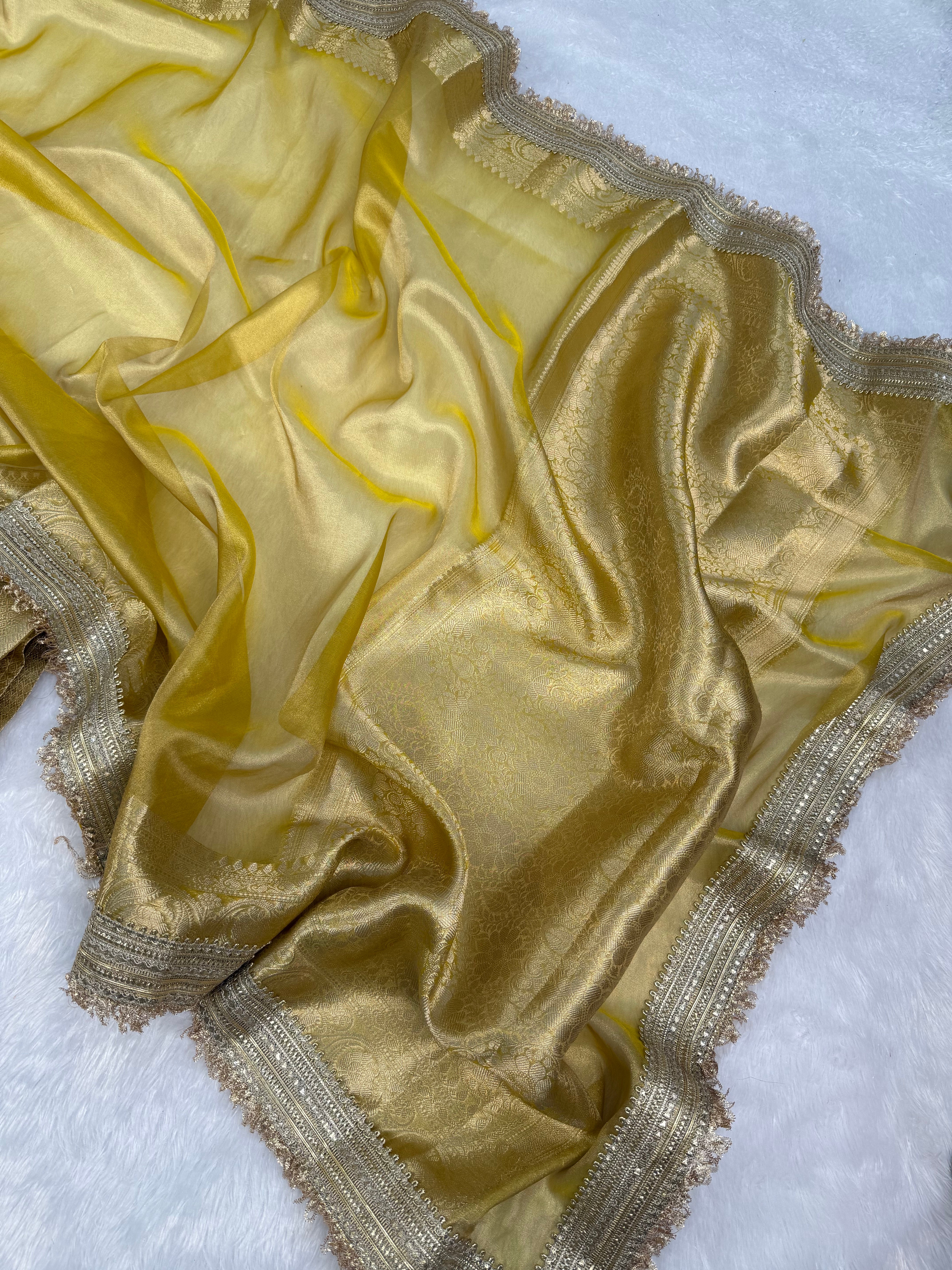 Glorious Party Wear Banarasi Tissue Silk Jacquard n Lace Work Fancy Designer Saree