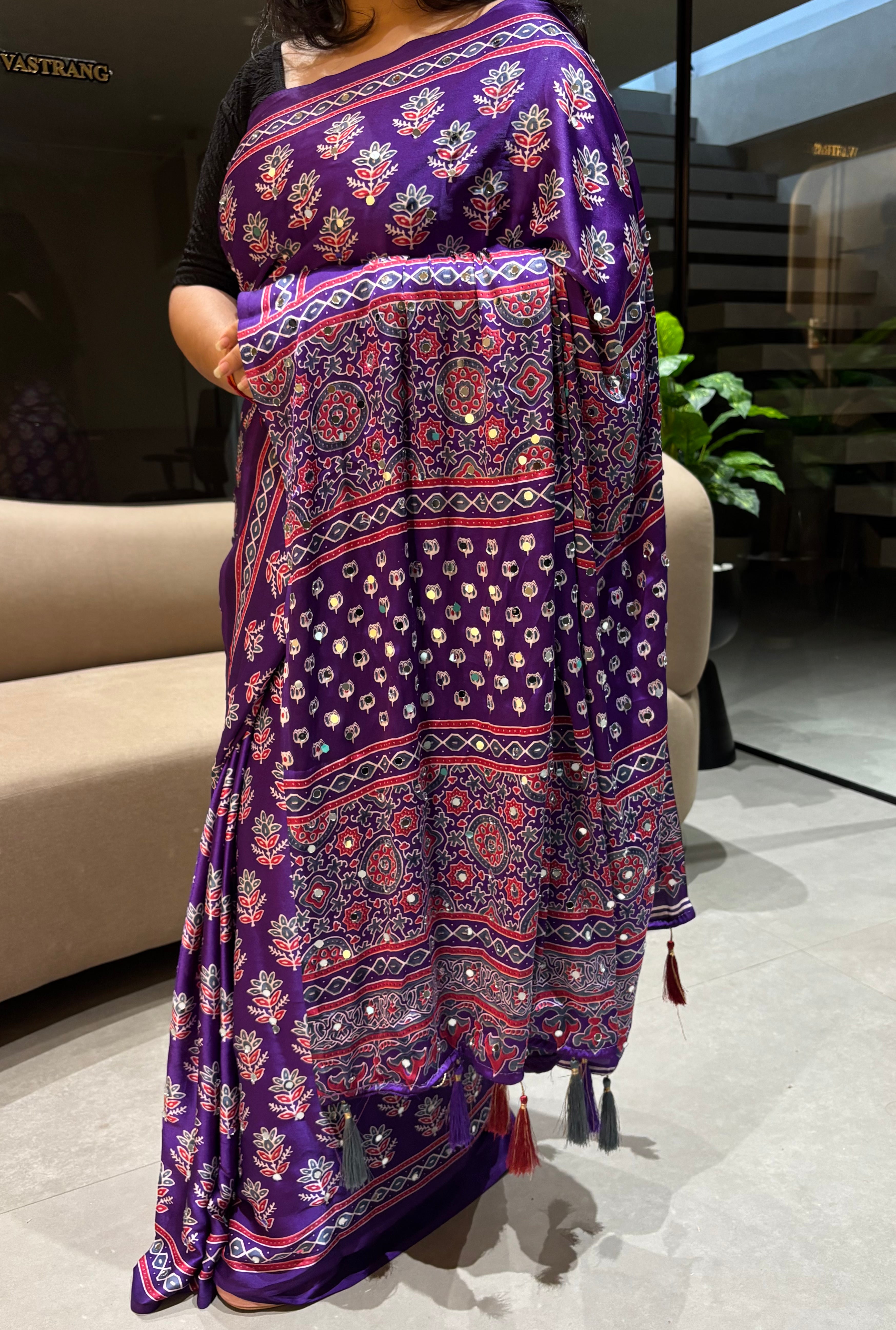 Alverina Festive Wear Pure Satin Silk Ajrak Printed Rich Pallu n Mirror Work Fancy Saree With Blouse Piece