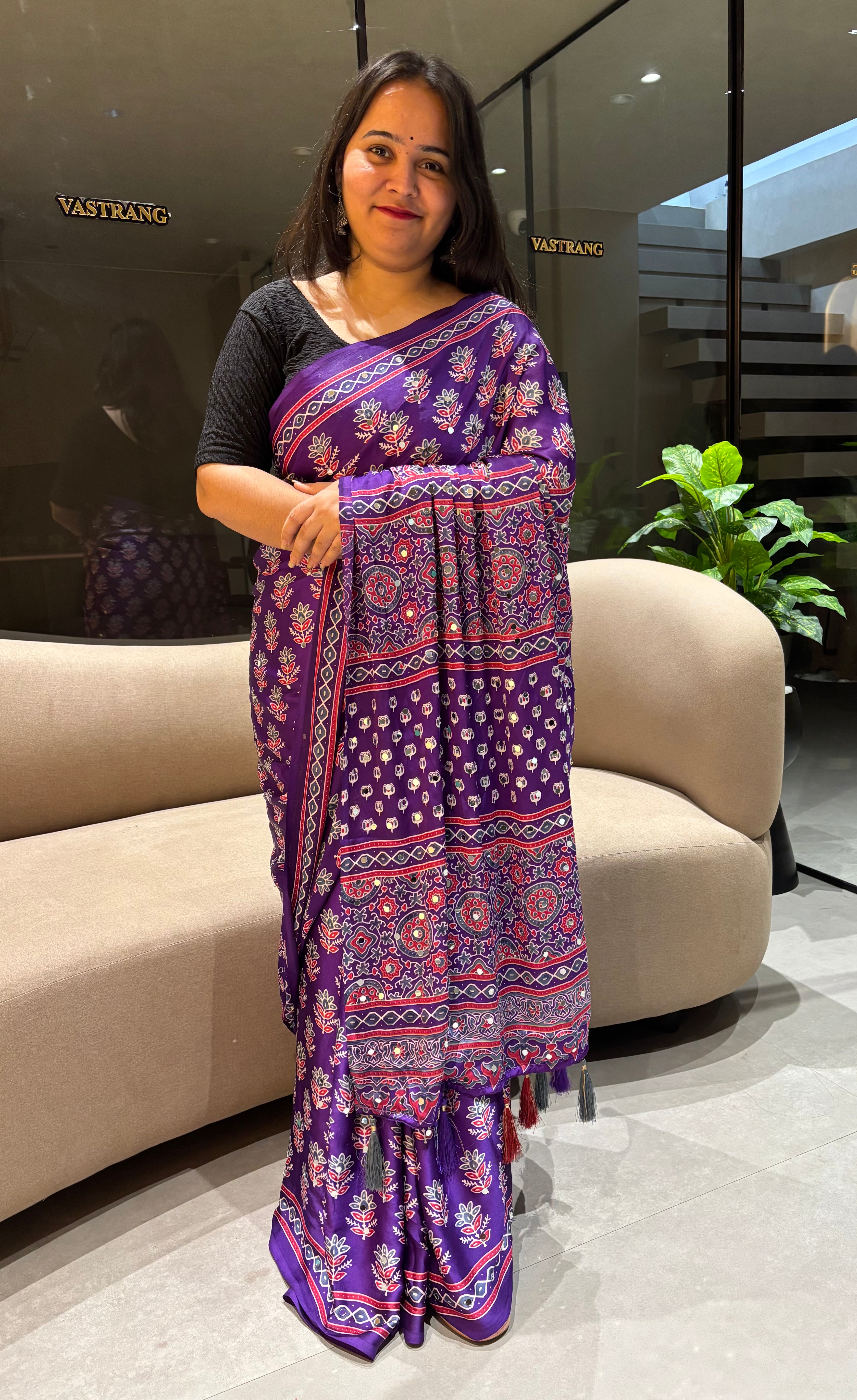 Alverina Festive Wear Pure Satin Silk Ajrak Printed Rich Pallu n Mirror Work Fancy Saree With Blouse Piece