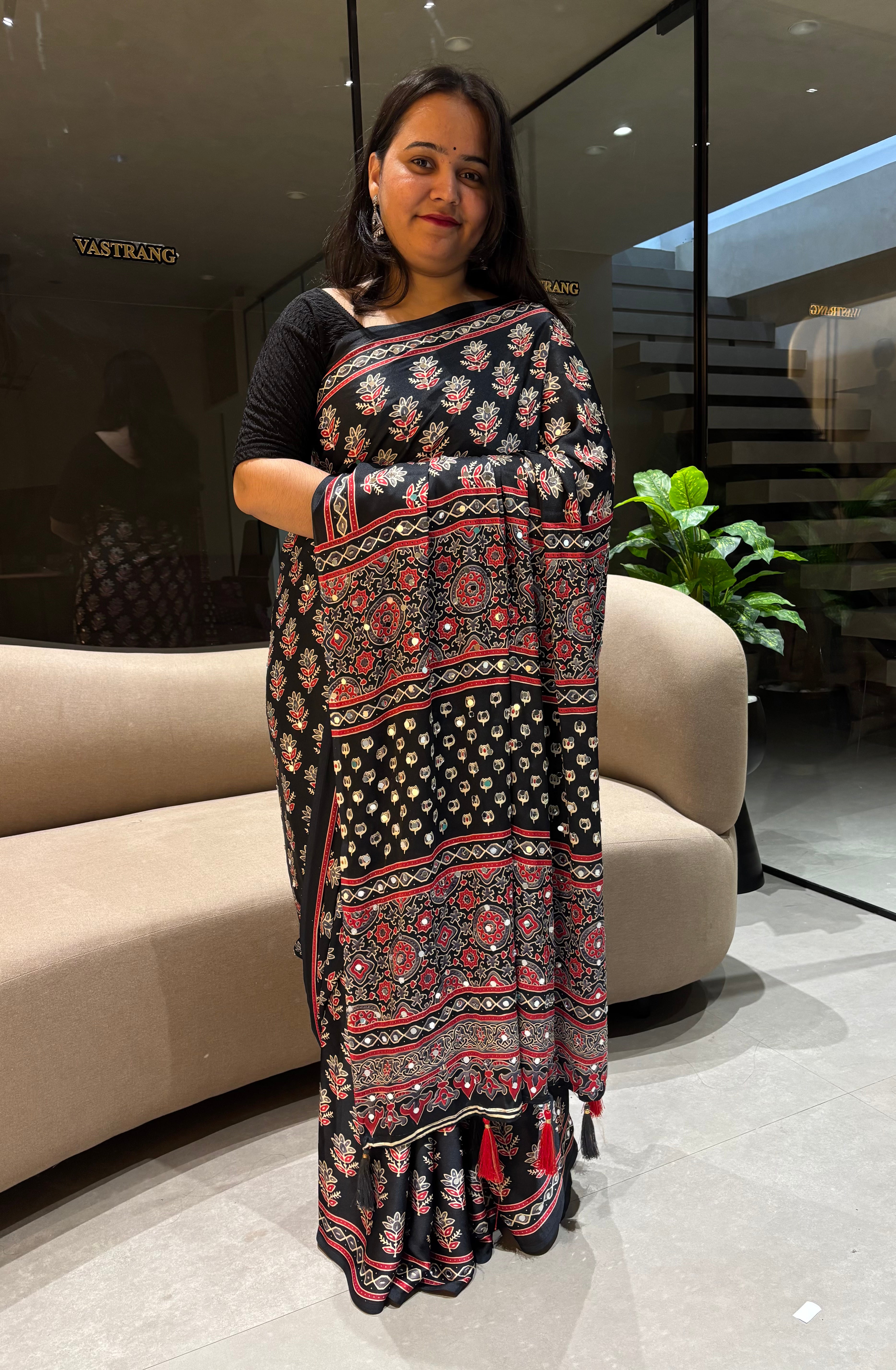 Alverina Festive Wear Pure Satin Silk Ajrak Printed Rich Pallu n Mirror Work Fancy Saree With Blouse Piece